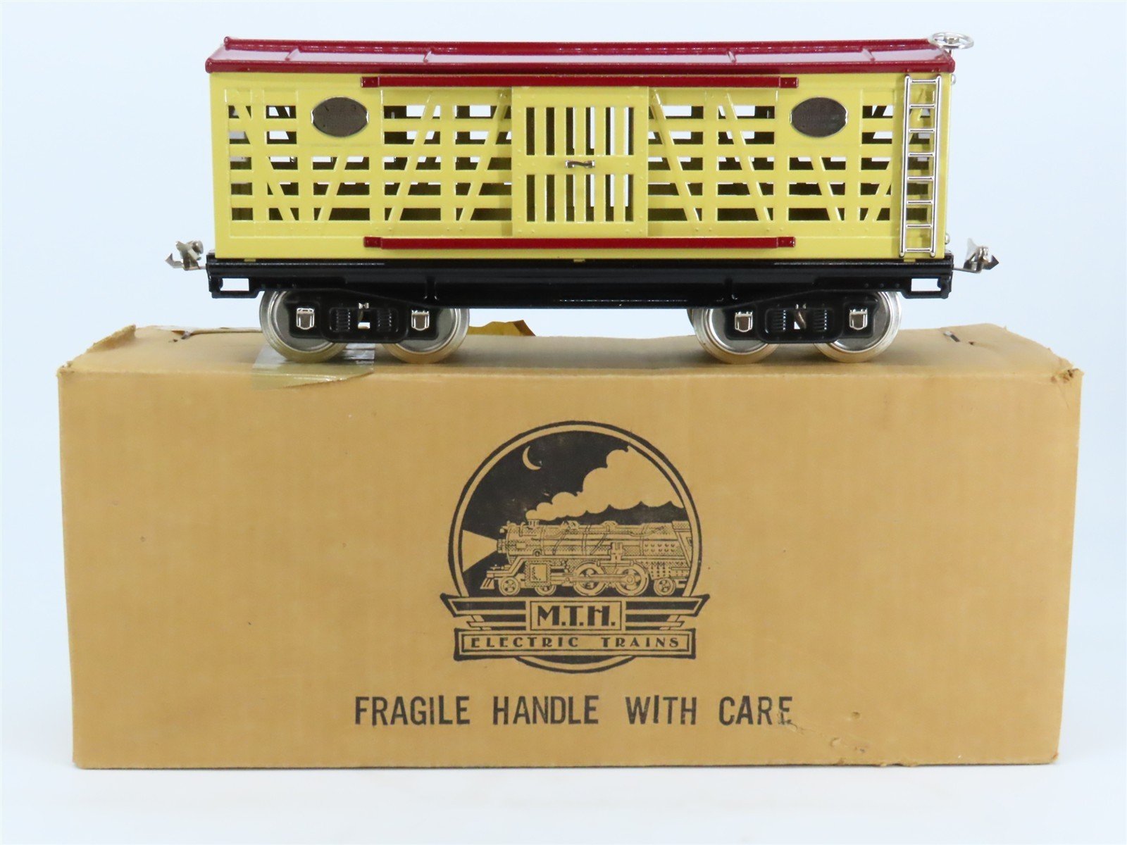 Standard Gauge MTH Tinplate #213 Yellow & Maroon Cattle/Stock Car