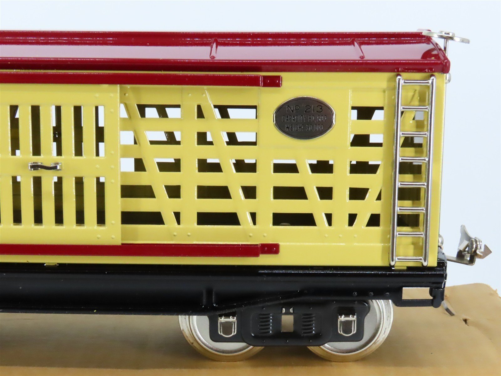 Standard Gauge MTH Tinplate #213 Yellow & Maroon Cattle/Stock Car