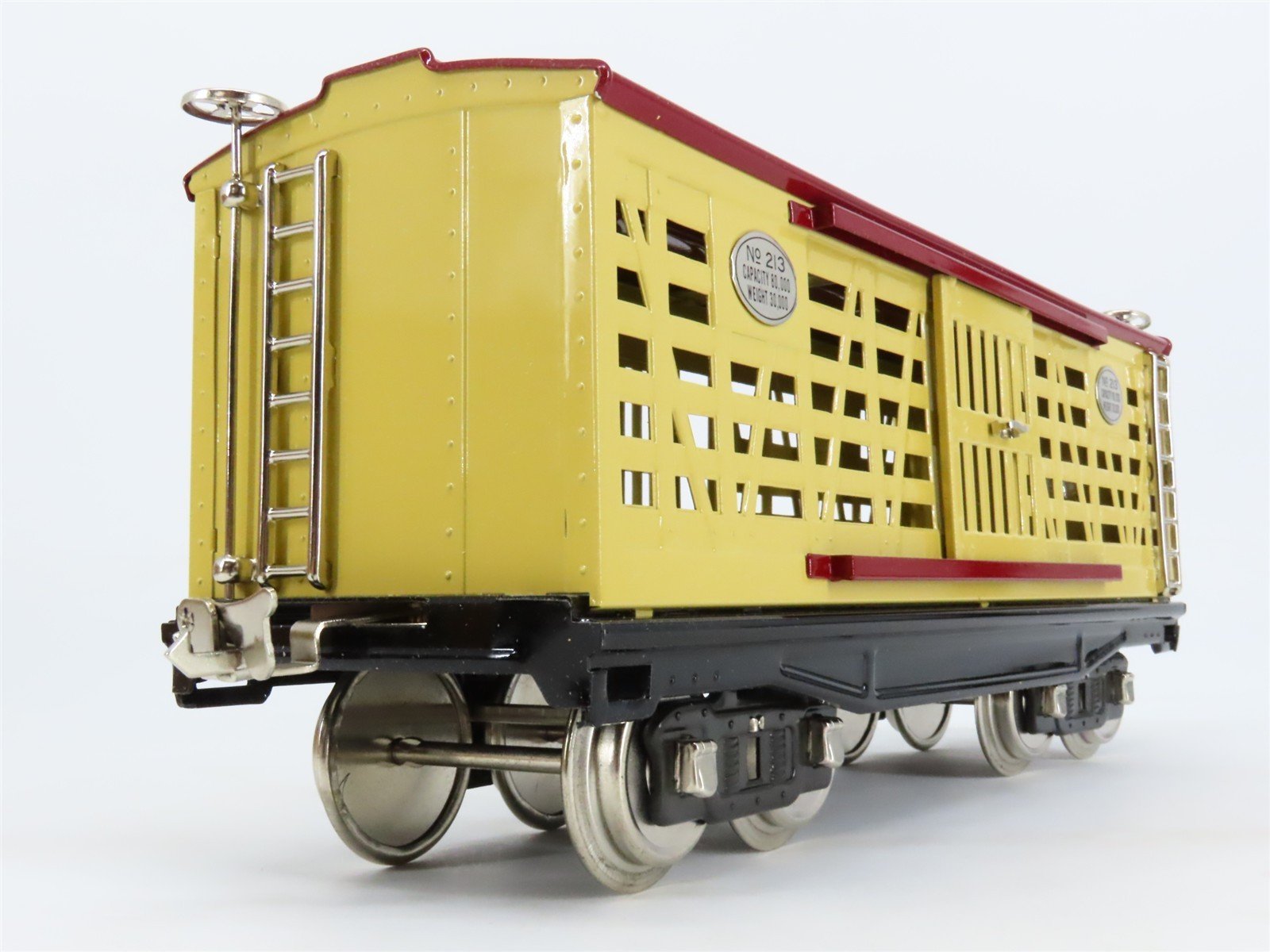 Standard Gauge MTH Tinplate #213 Yellow & Maroon Cattle/Stock Car