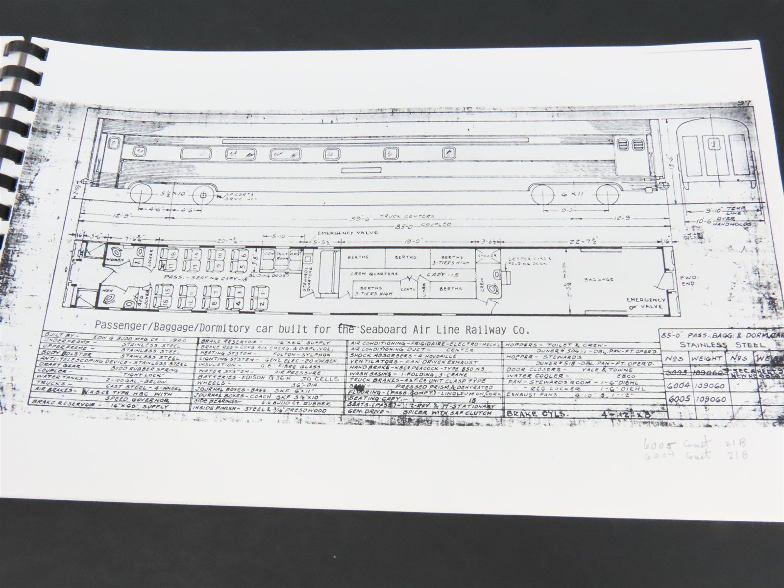 Seaboard Air Line Railway Diagrams of Passenger Cars - Spiral Bound Photocopies