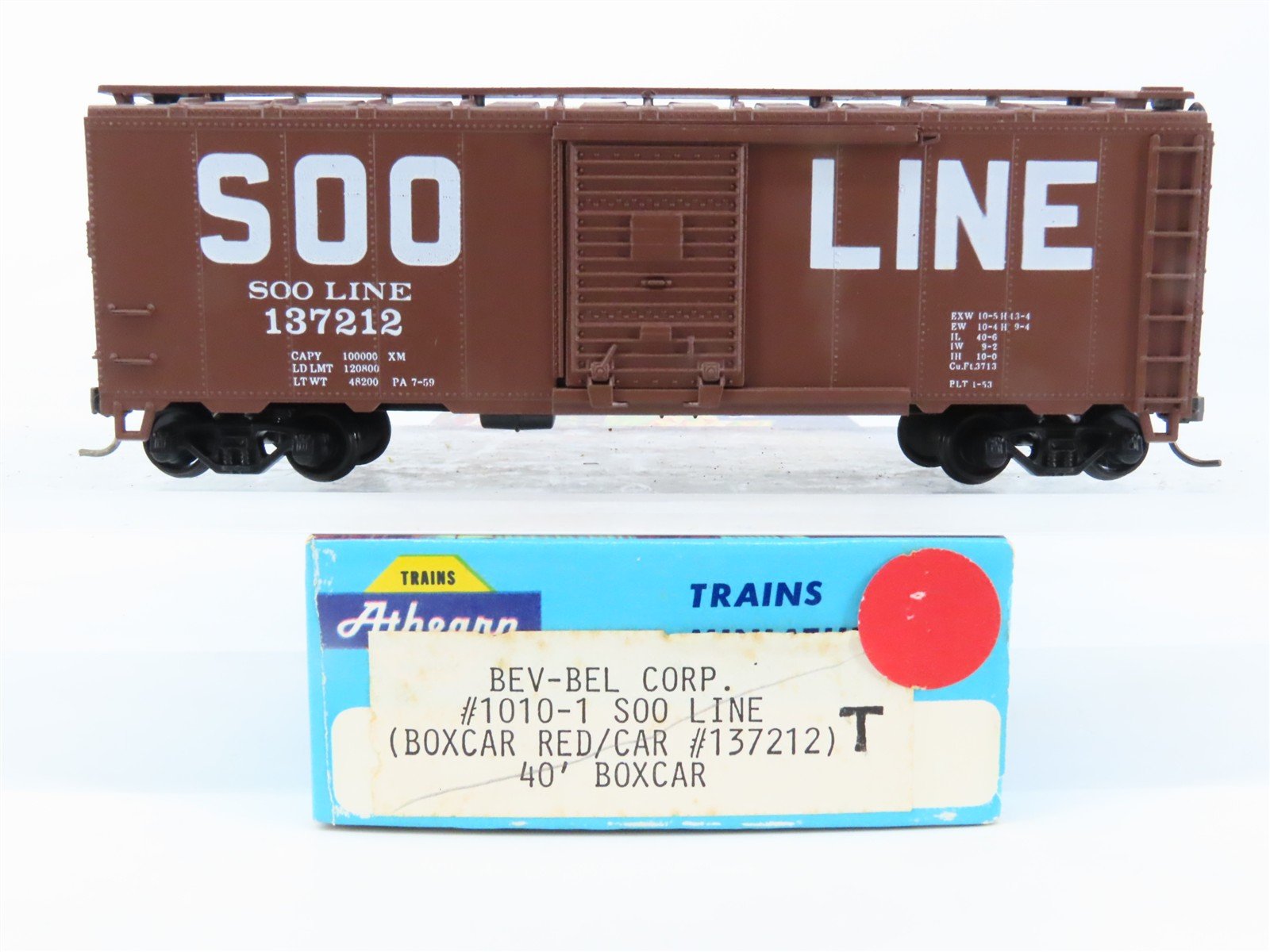 HO Scale Athearn Bev-Bel #1010-1 SOO Line 40' Single Door Box Car #137212 BUILT