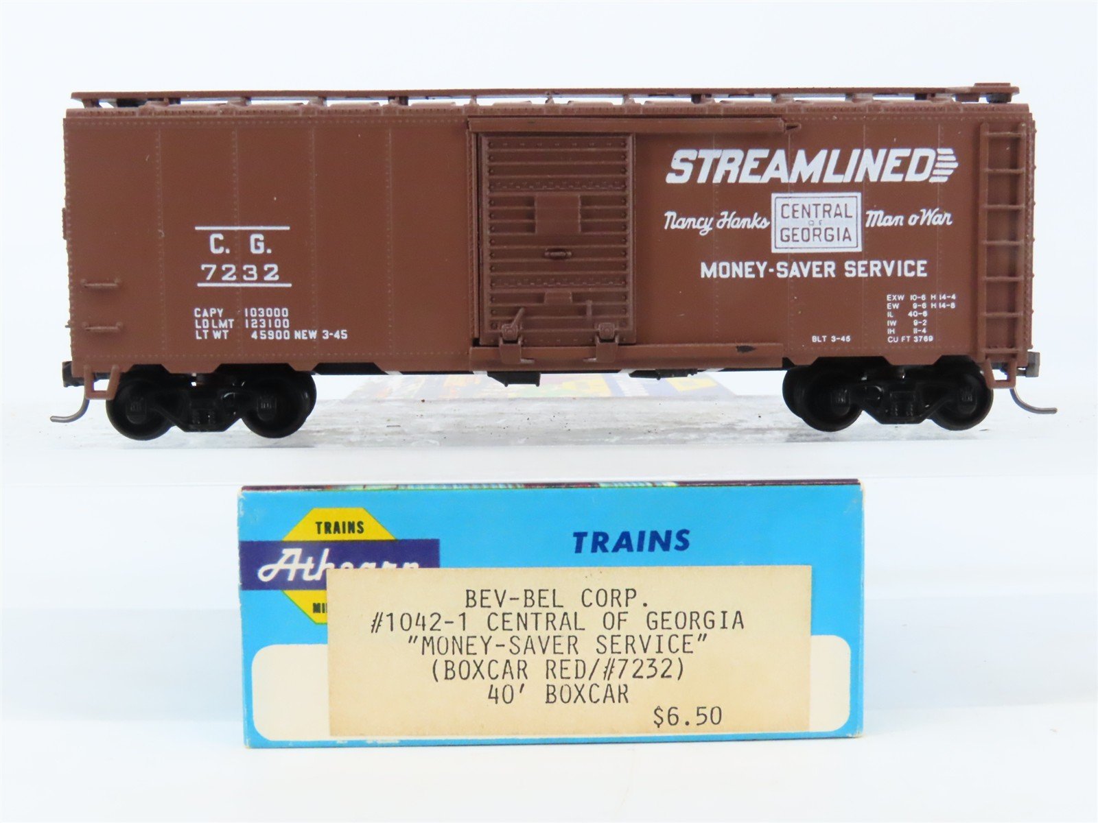HO Athearn Bev-Bel 1042-1 CG Central of Georgia 40' Single Door Box Car #7232