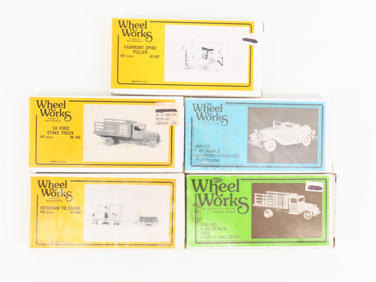 LOT of 5 HO 1/87 Scale Wheel Works Kits Ford Car/Trucks, Spike Puller, Tie Crane