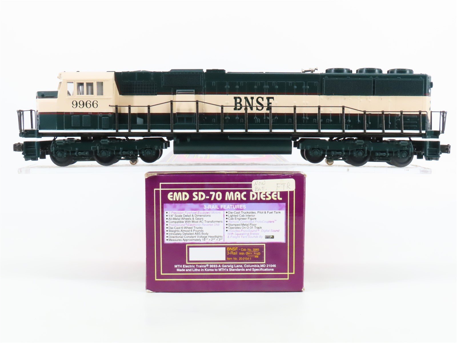 O Gauge 3-Rail MTH 20-2154-1 BNSF Railway SD70MAC Diesel Locomotive #9966 wSound