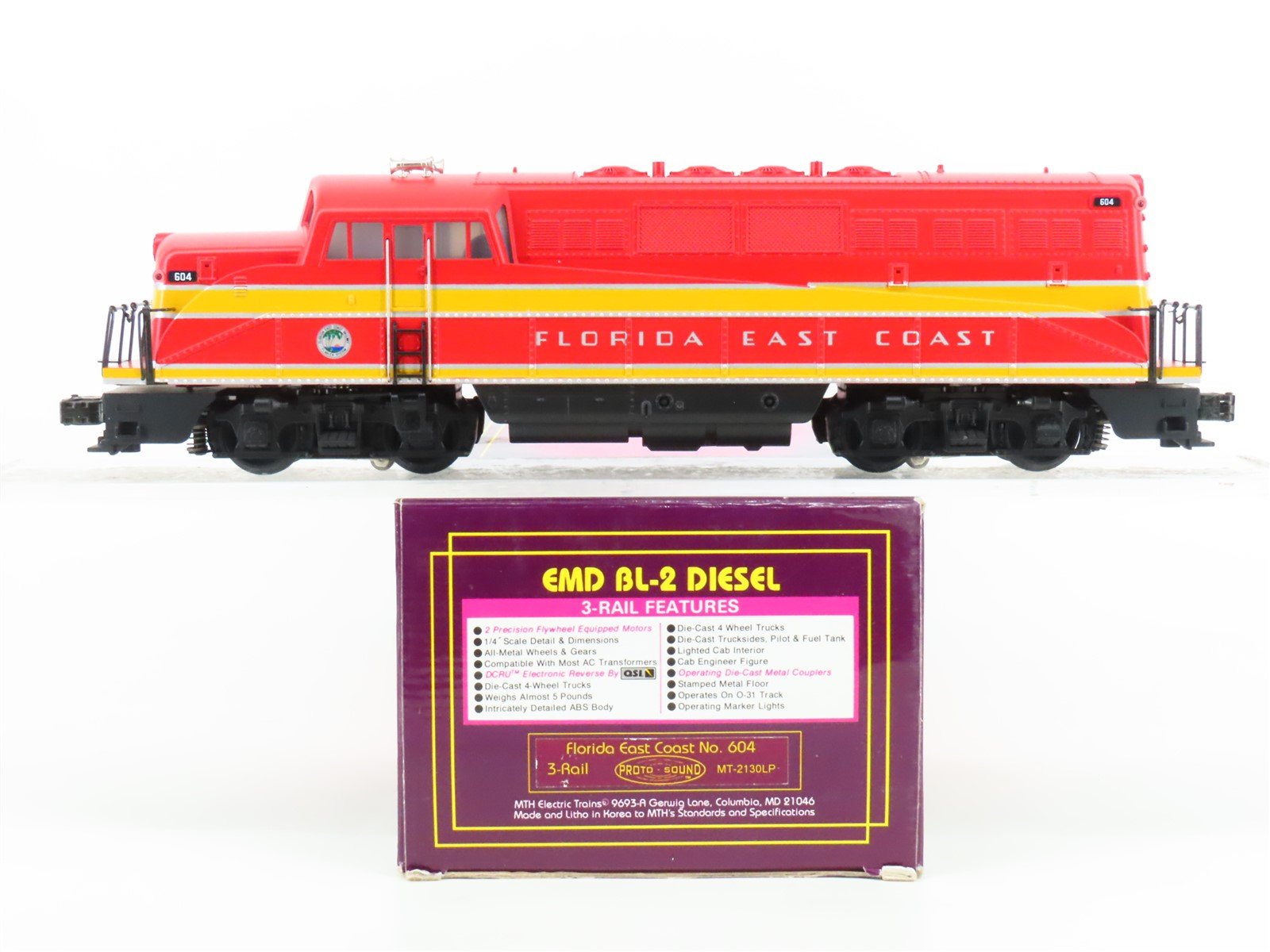 O Gauge 3-Rail MTH MT-2130LP FEC Florida East Coast BL2 Diesel #604 w/Sound