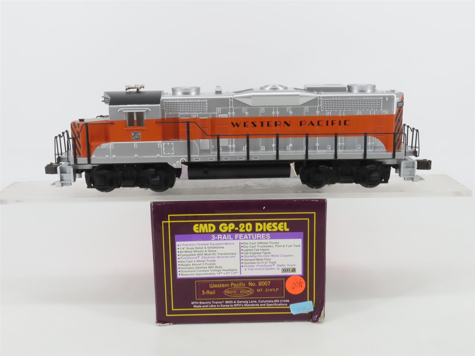O Gauge 3-Rail MTH MT-2141LP WP Western Pacific GP20 Diesel Loco #2007 w/Sound