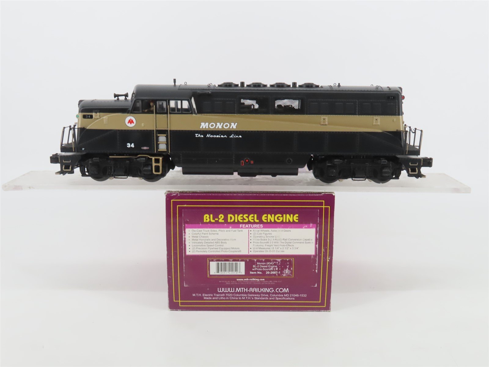 O Gauge 3-Rail MTH 20-2687-1 CIL Monon BL2 Diesel Locomotive #34 w/Sound