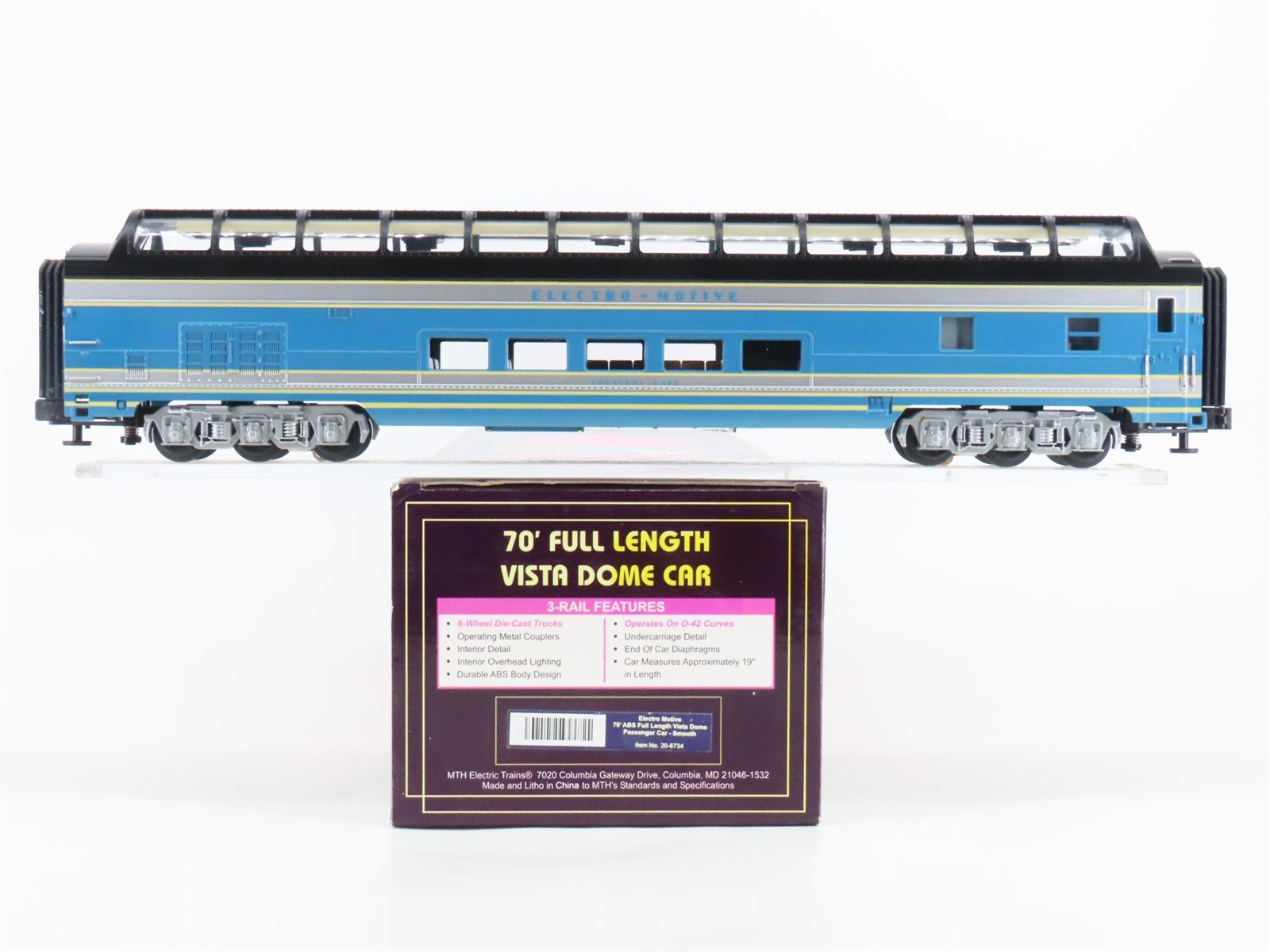 O 3-Rail MTH 20-6734 Electro-Motive 70' Vista Dome Passenger Car "Crescent Lake"