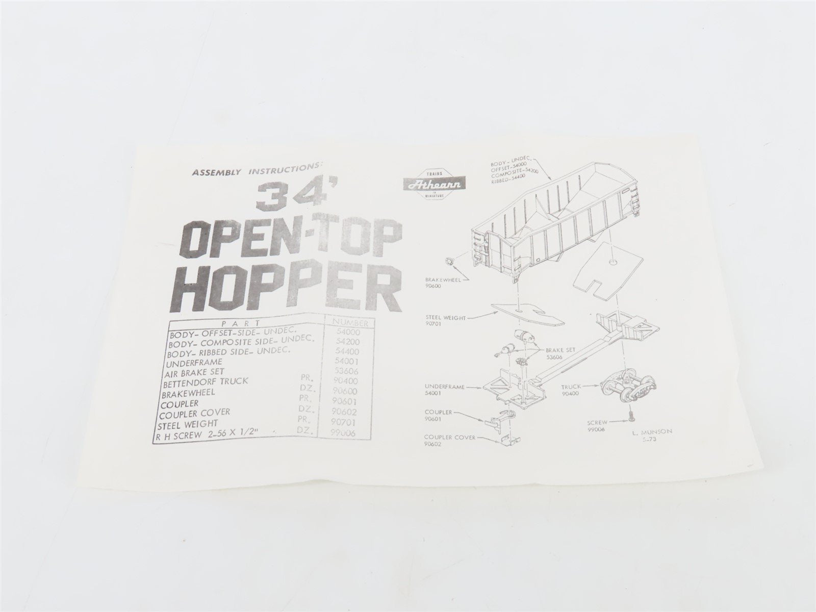 HO Scale Athearn Kit 5420 Undecorated 34' 2-Bay Composite Side Open Hopper
