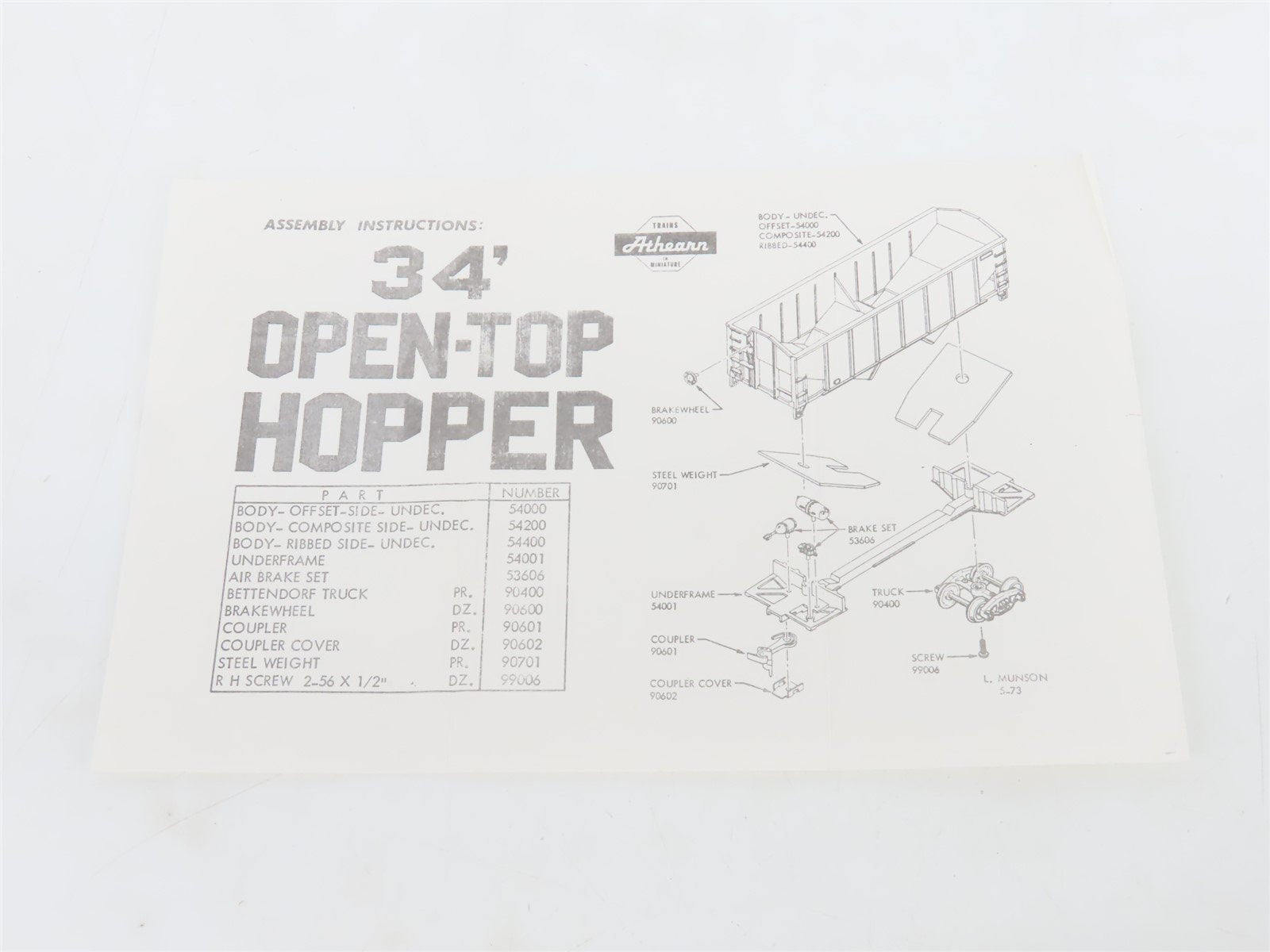 HO Scale Athearn Kit 5420 Undecorated 34' 2-Bay Composite Side Hopper