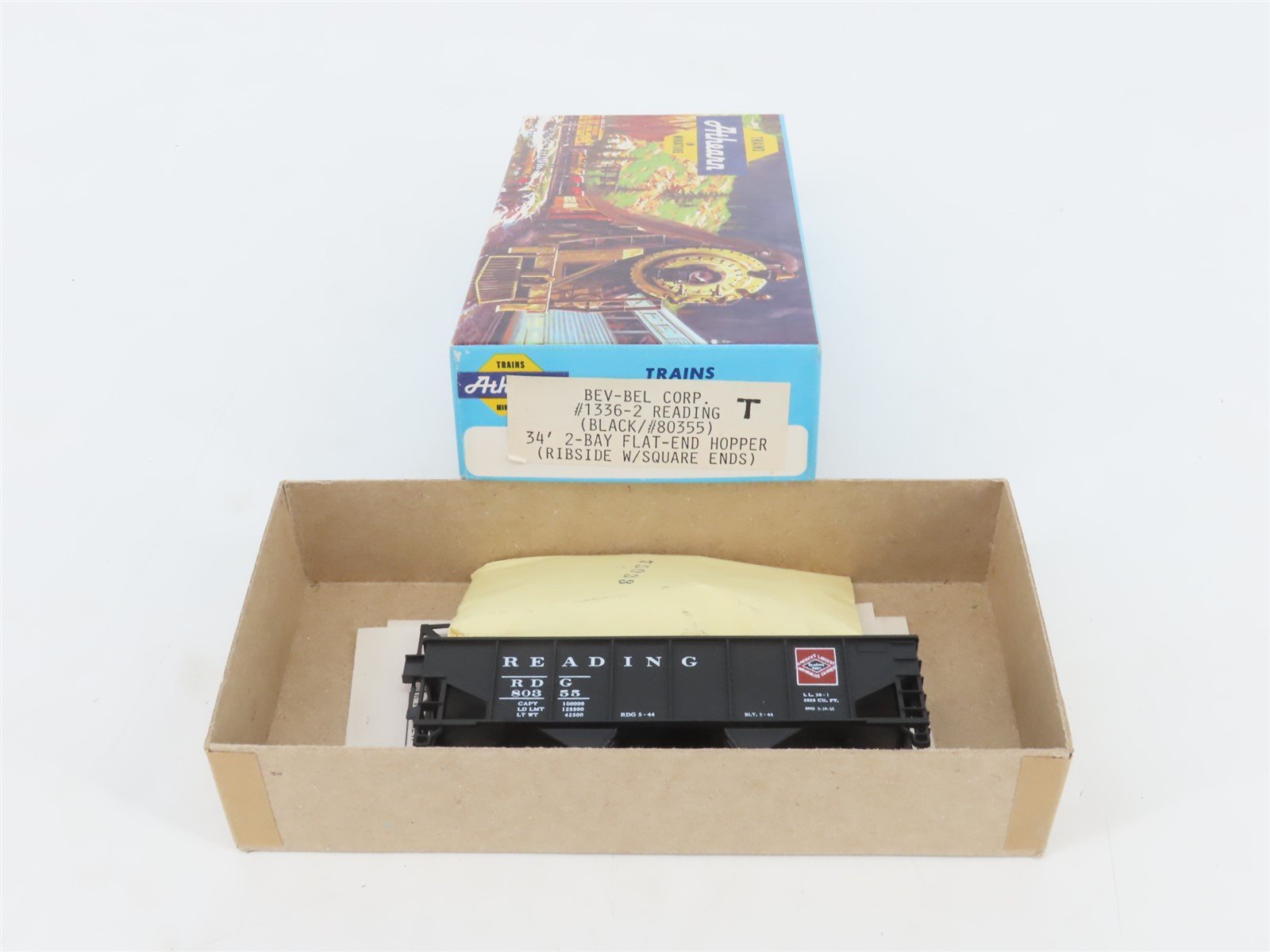 HO Scale Athearn/Bev-Bel Kit 1336-2 RDG Reading 34' 2-Bay Rib Side Hopper #80355
