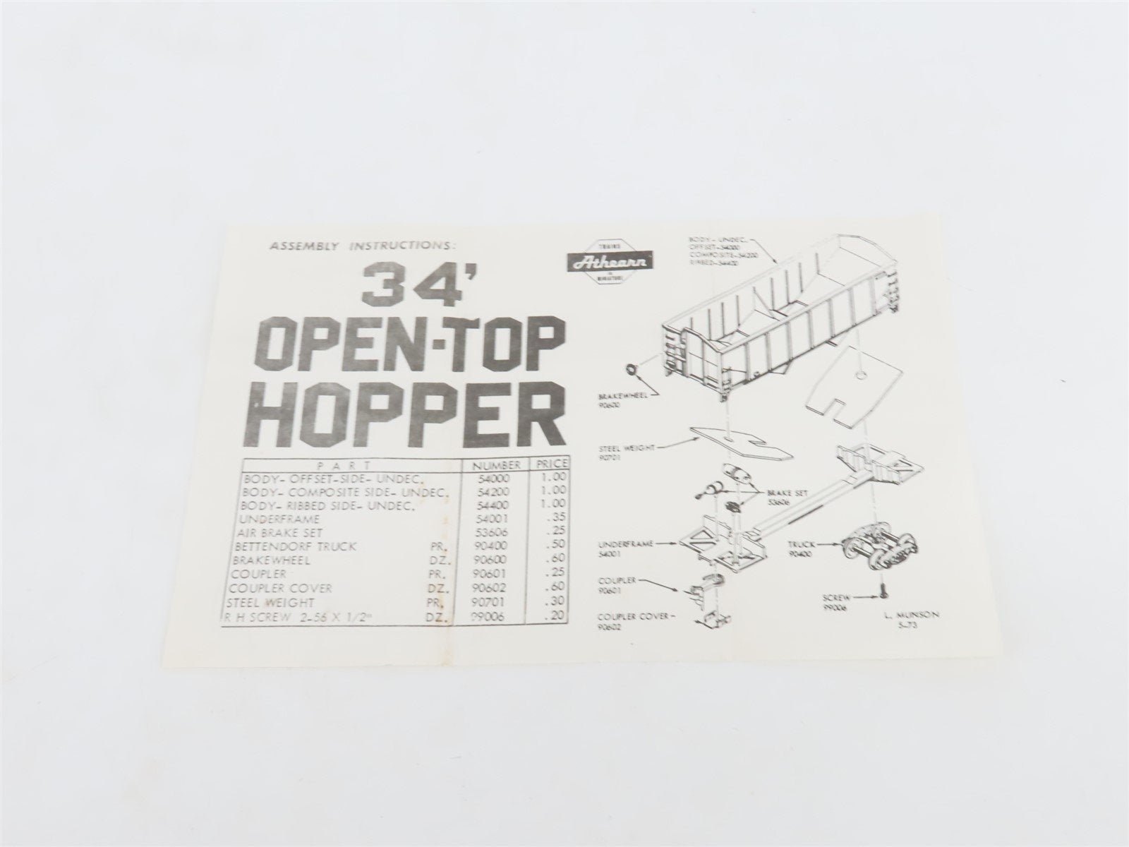 HO Scale Athearn Kit 5420 Undecorated 34' 2-Bay Composite Side Hopper