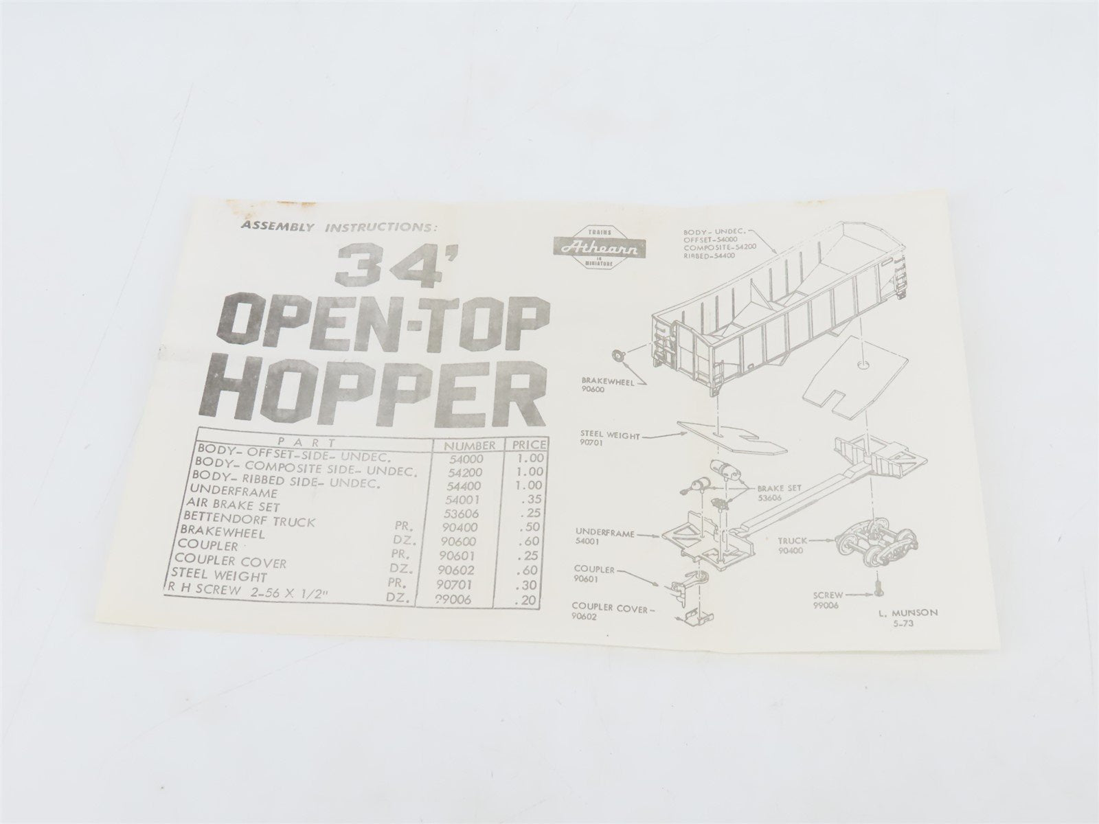 HO Scale Athearn Kit 5447 Undecorated Black 34' 2-Bay Rib Side Open Hopper