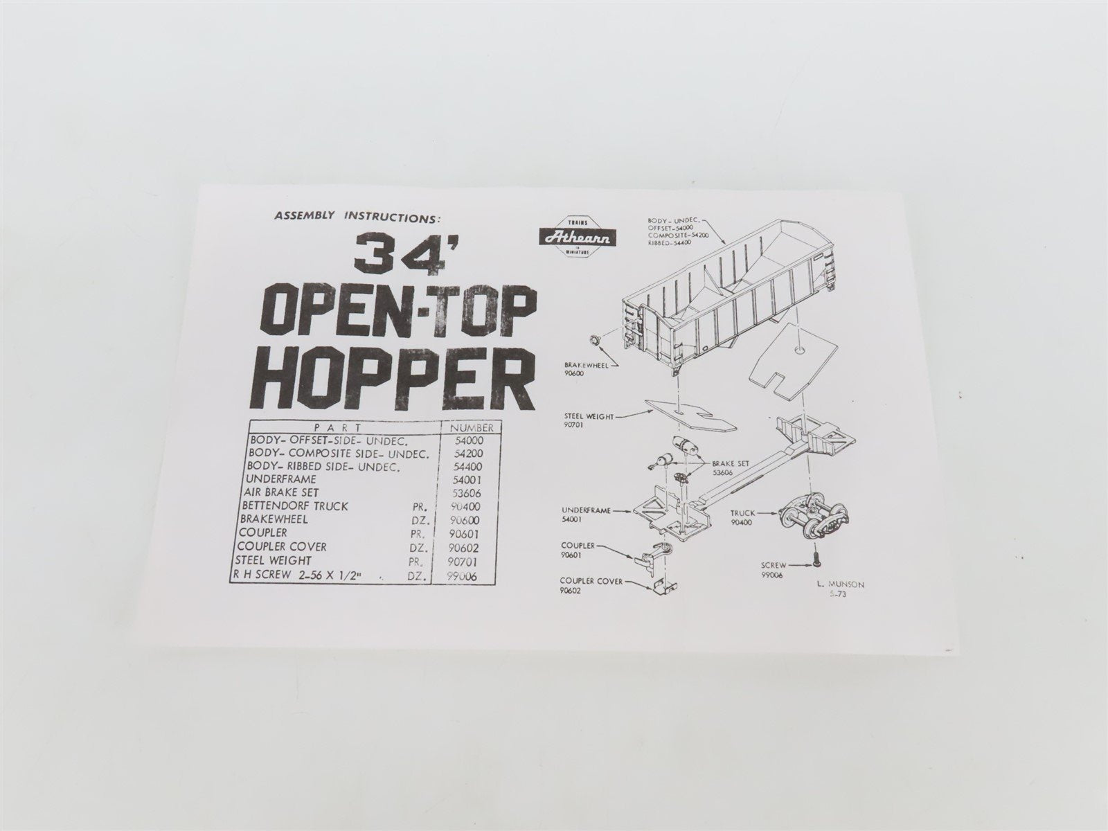 HO Scale Athearn Kit 5447 Undecorated Black 34' 2-Bay Rib Side Open Hopper