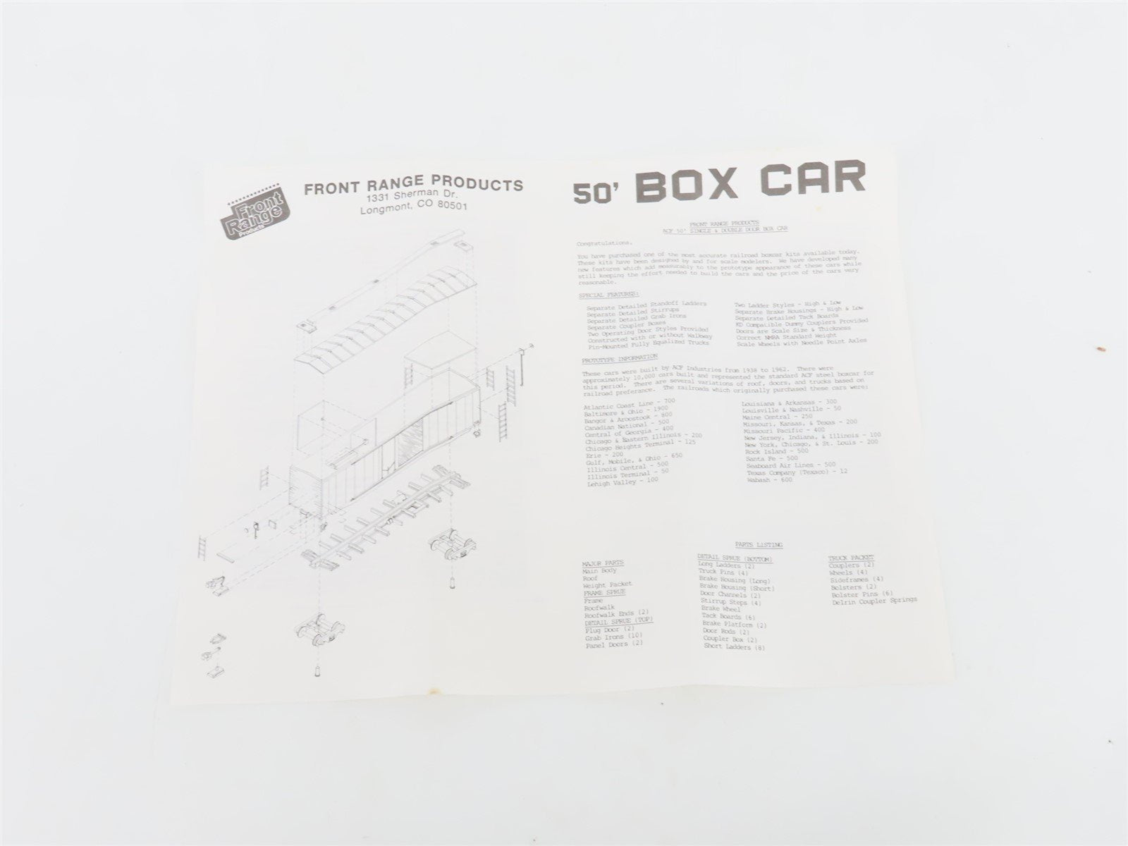 HO Scale Front Range Kit #5000 Undecorated 50' Single Door Box Car