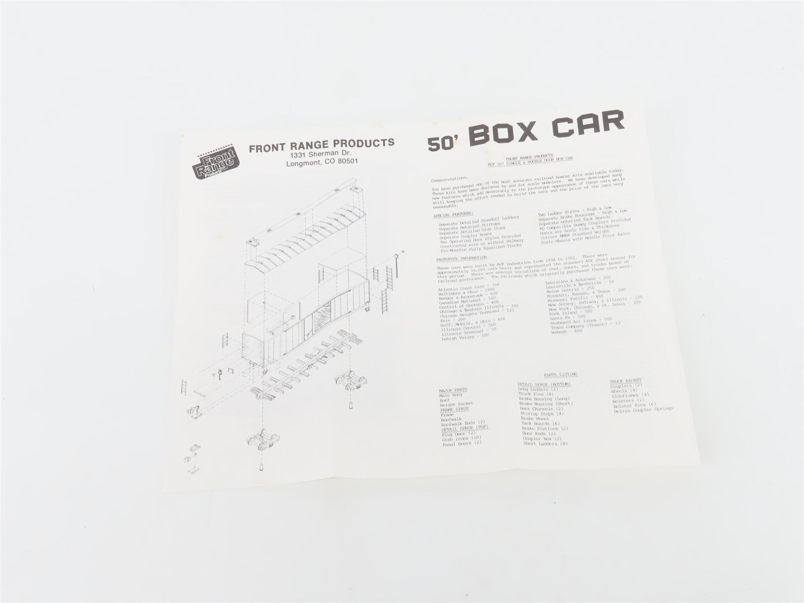 HO Scale Front Range Kit #5000 Undecorated 50' Single Door Box Car