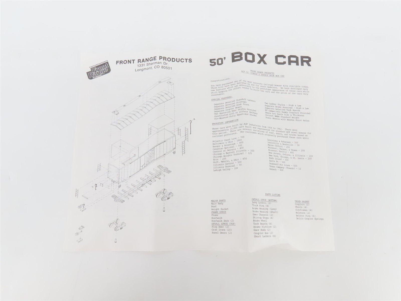 HO Scale Front Range Kit #5000 Undecorated 50' Single Door Box Car