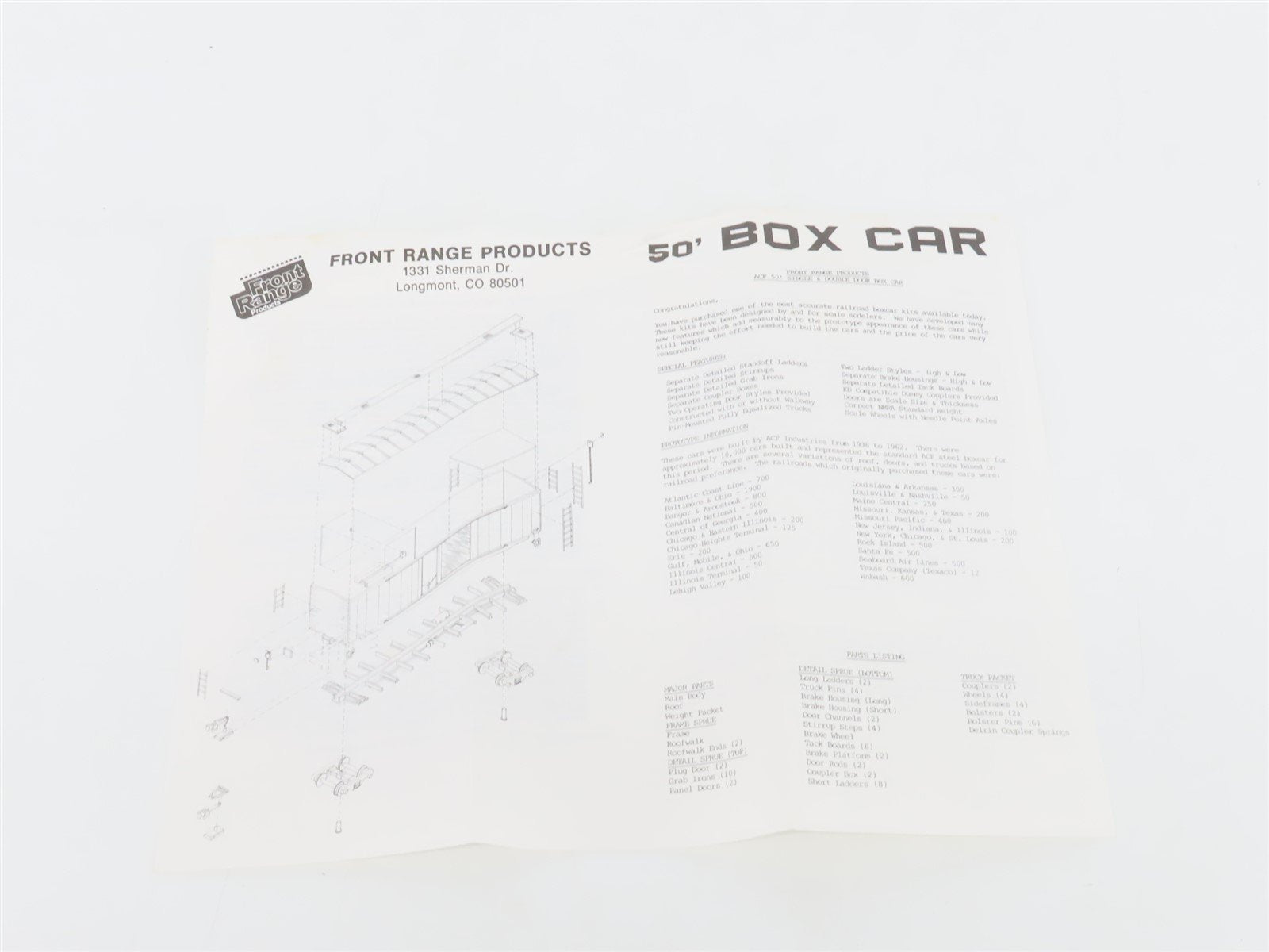 HO Scale Front Range Kit #5000 Undecorated 50' Single Door Box Car