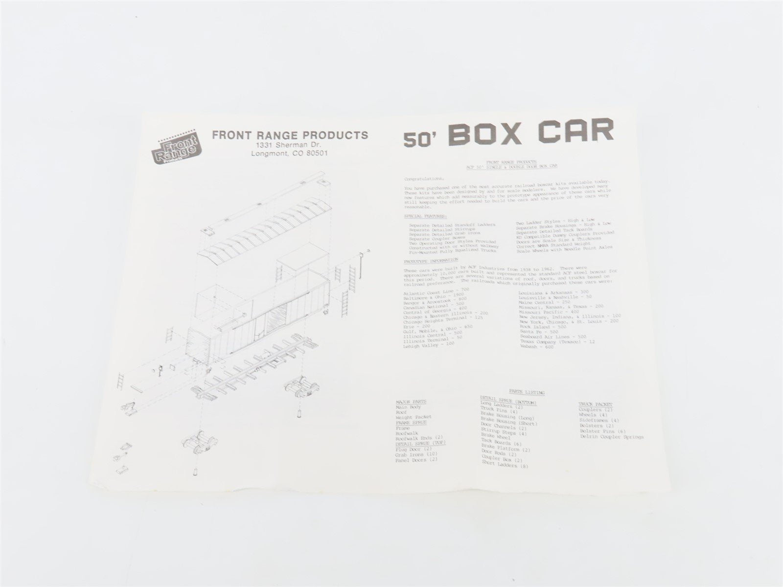 HO Scale Front Range Kit #5000 Undecorated 50' Single Door Box Car