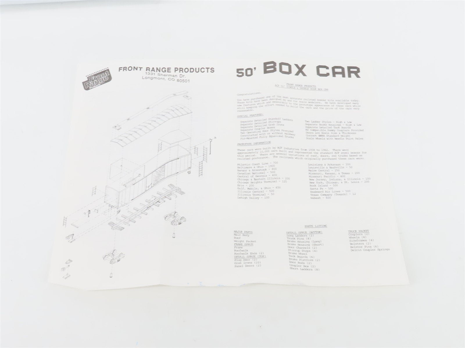 HO Scale Front Range Kit #5000 Undecorated 50' Single Door Box Car