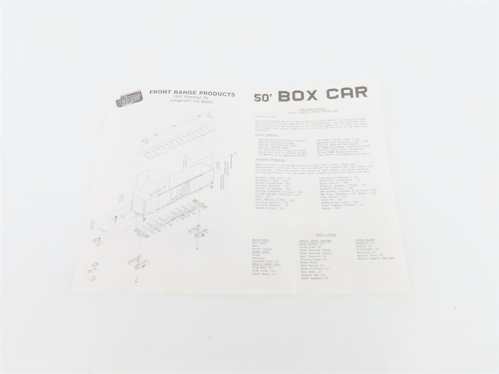 HO Scale Front Range Kit #5000 Undecorated 50' Single Door Box Car