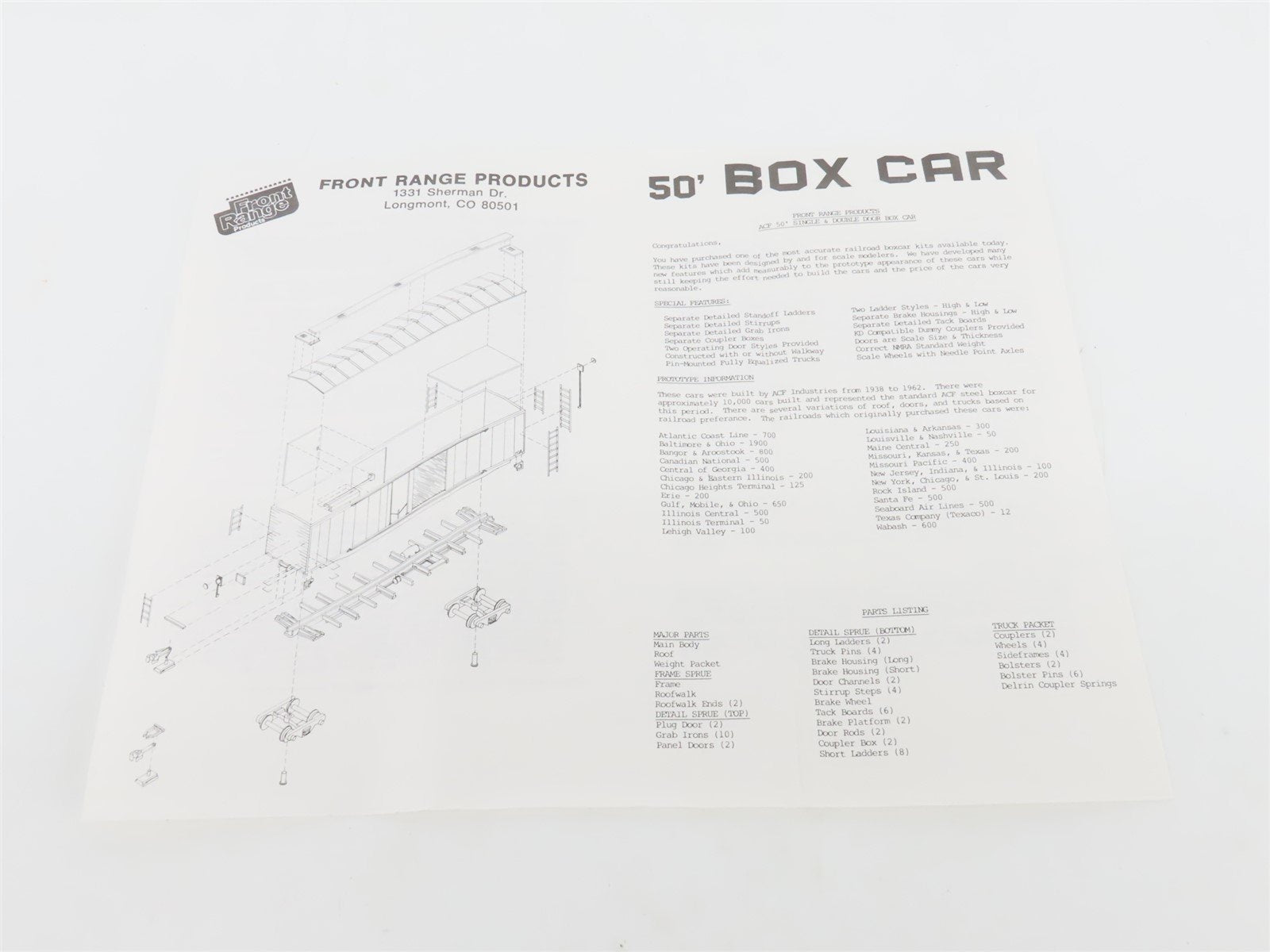 HO Scale Front Range Kit #5000 Undecorated 50' Single Door Box Car