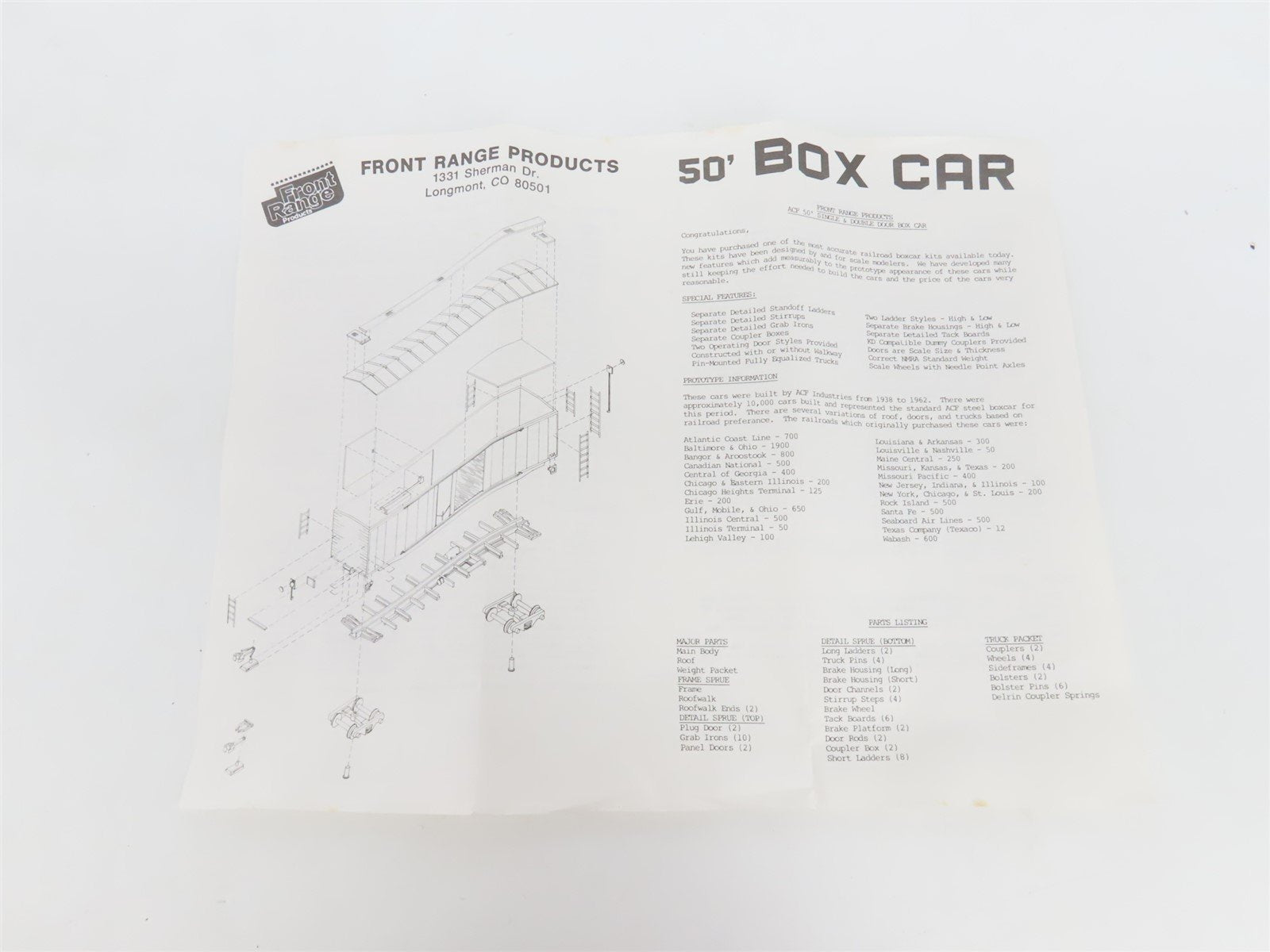 HO Scale Front Range Kit #5000 Undecorated 50' Single Door Box Car