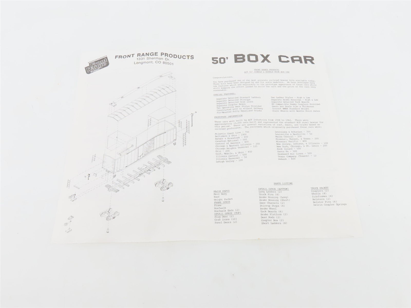 HO Scale Front Range Kit #5000 Undecorated 50' Single Door Box Car