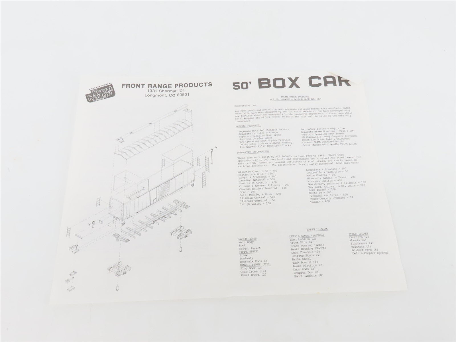 HO Scale Front Range Kit #5000 Undecorated 50' Single Door Box Car