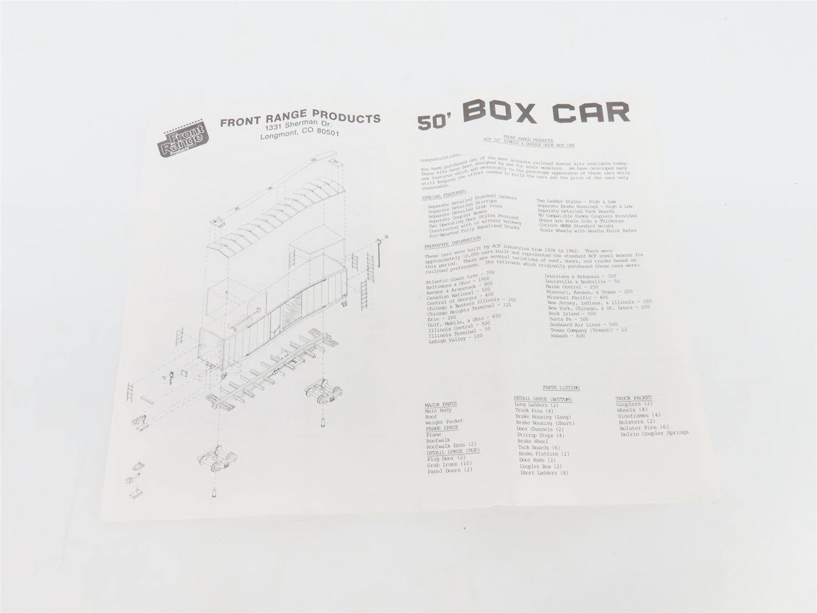 HO Scale Front Range Kit #5000 Undecorated 50' Single Door Box Car
