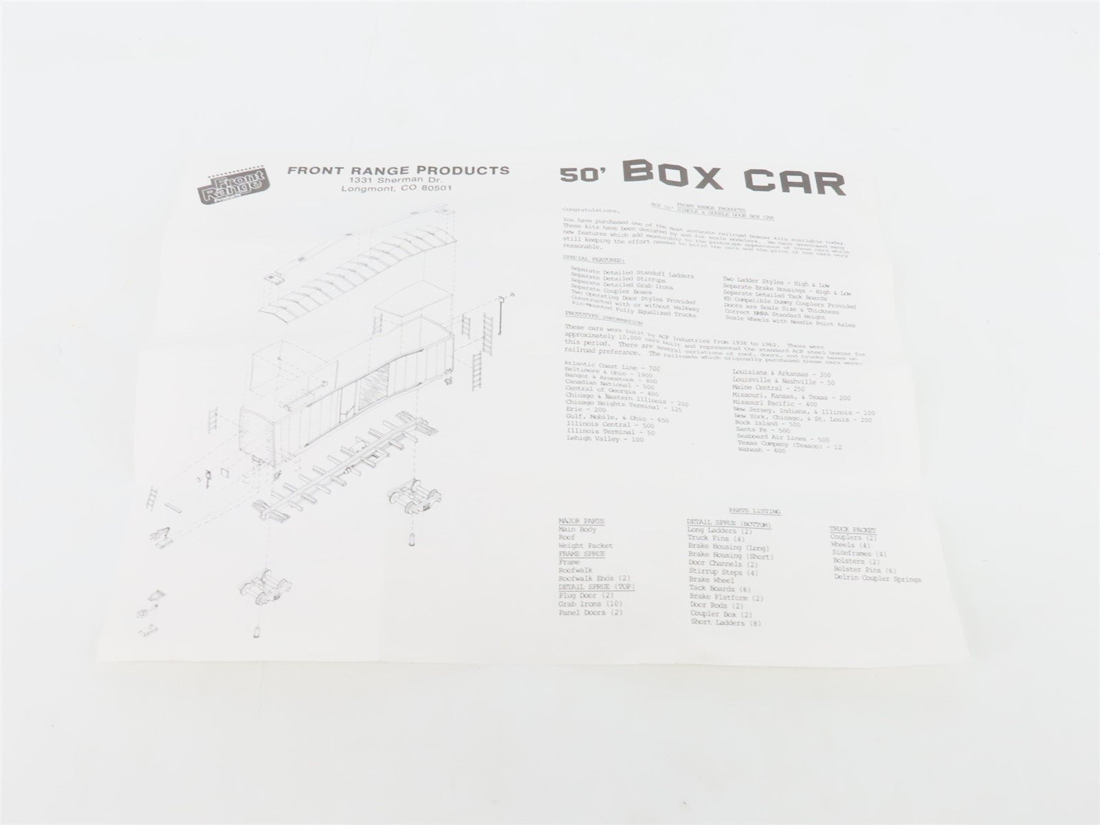 HO Scale Front Range Kit #5000 Undecorated 50' Single Door Box Car
