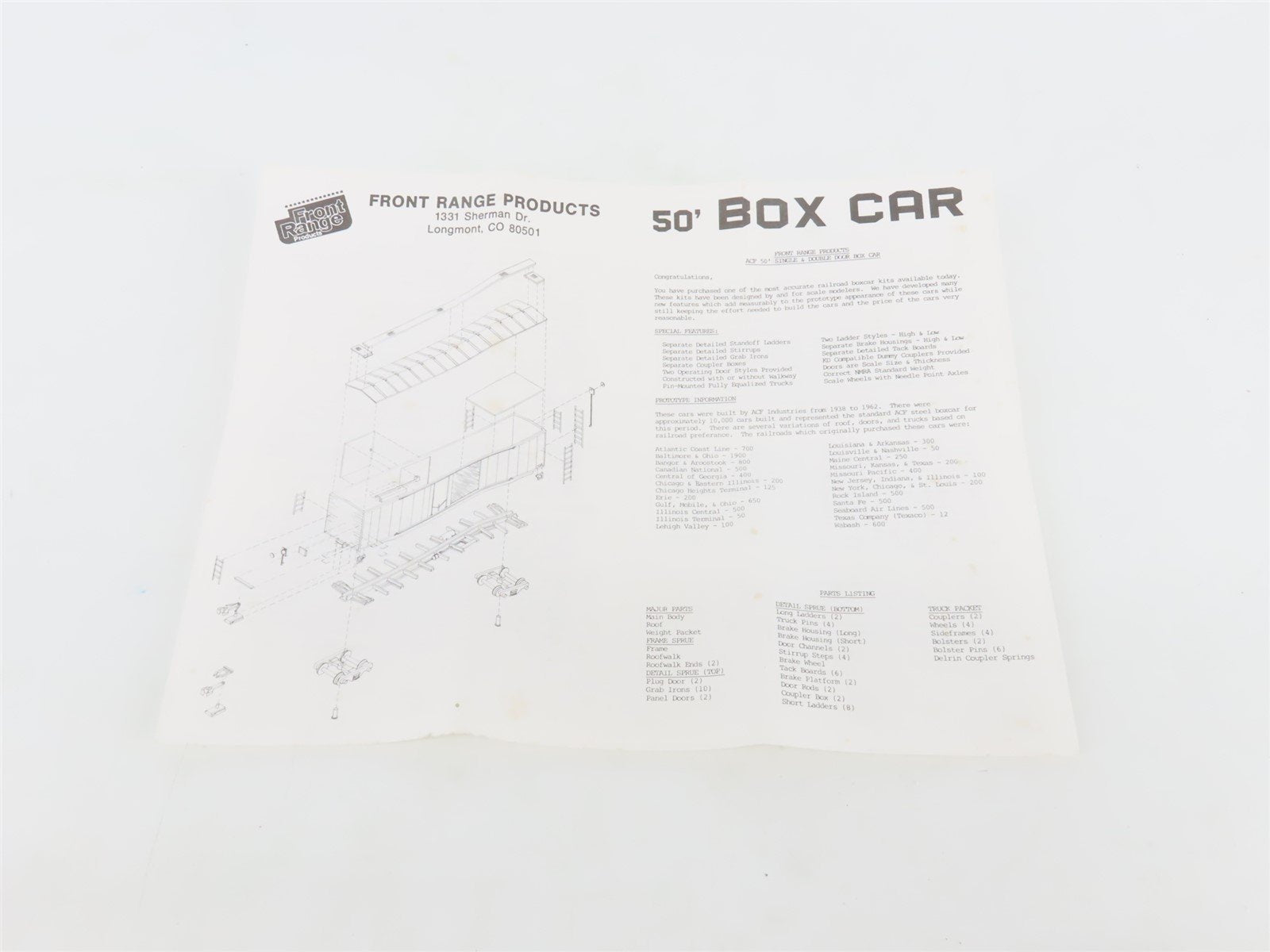 HO Scale Front Range Kit 5020 Undecorated 50' Single Door Box Car