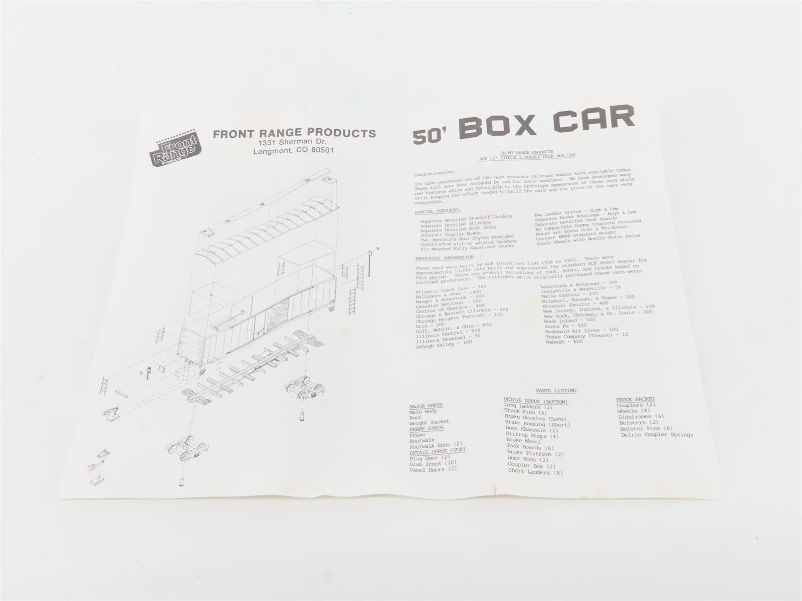 HO Scale Front Range Kit 5020 Undecorated 50' Single Door Box Car