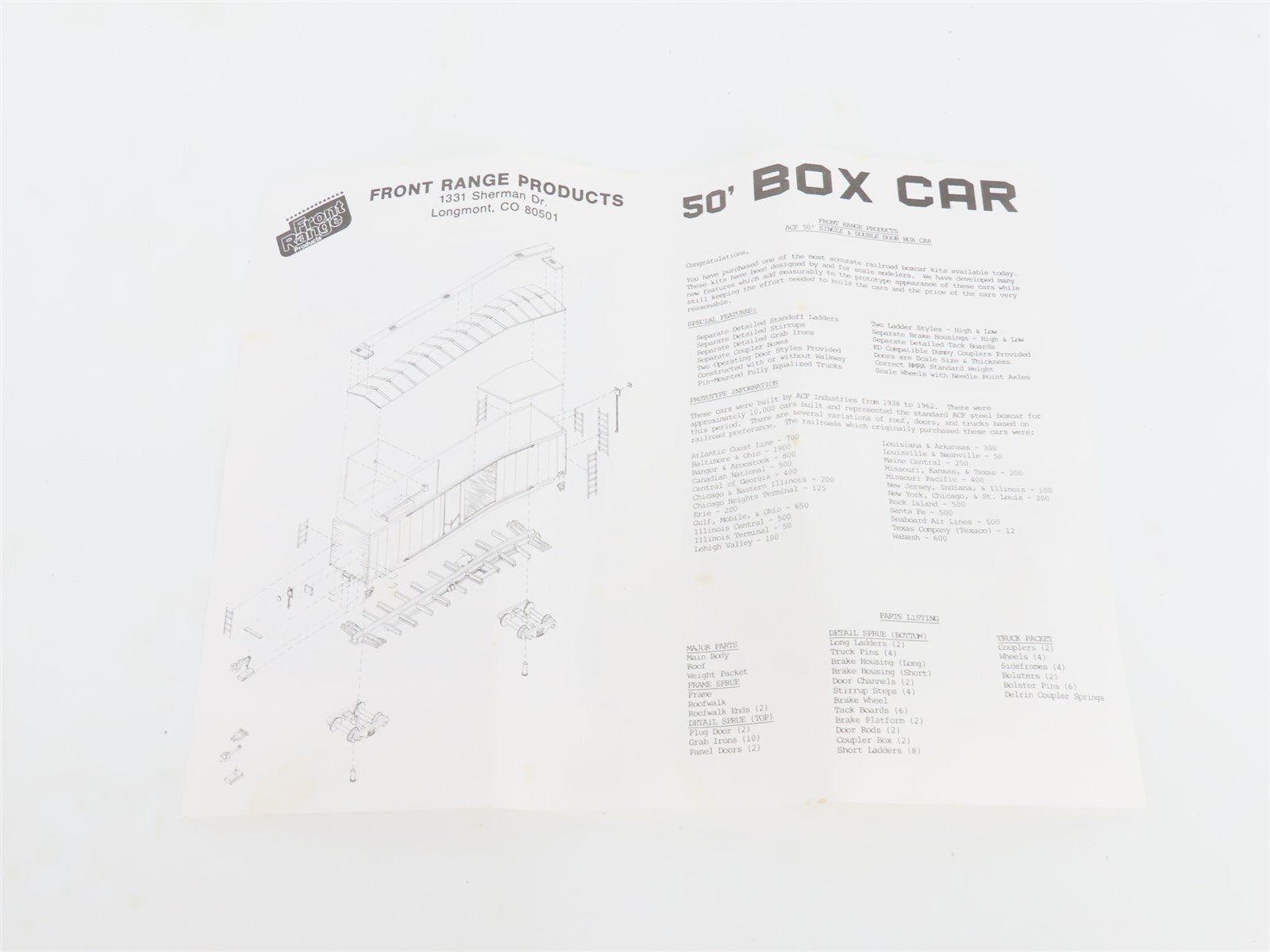 HO Scale Front Range Kit 5020 Undecorated 50' Single Door Box Car