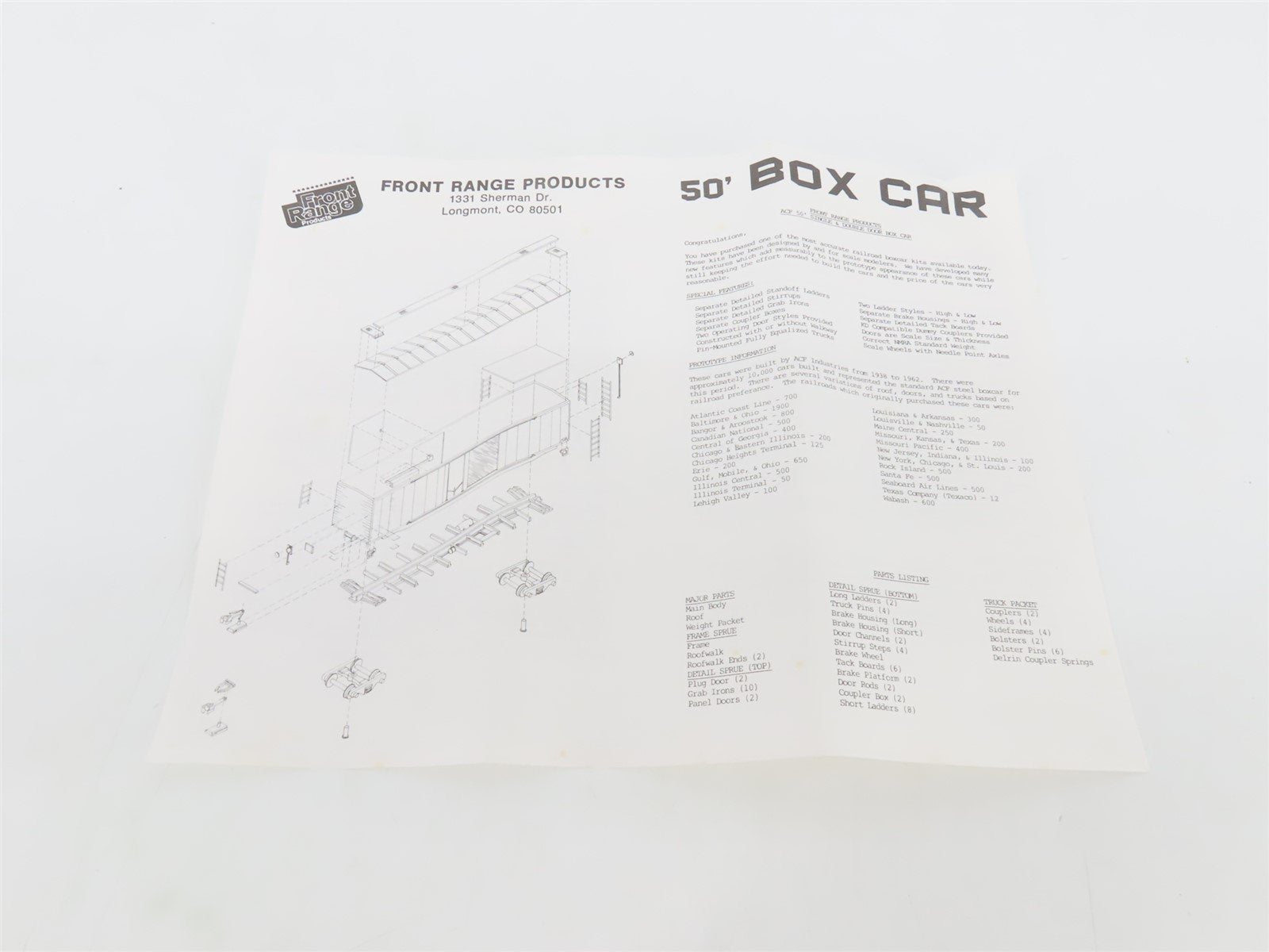 HO Scale Front Range Kit 5020 Undecorated 50' Single Door Box Car