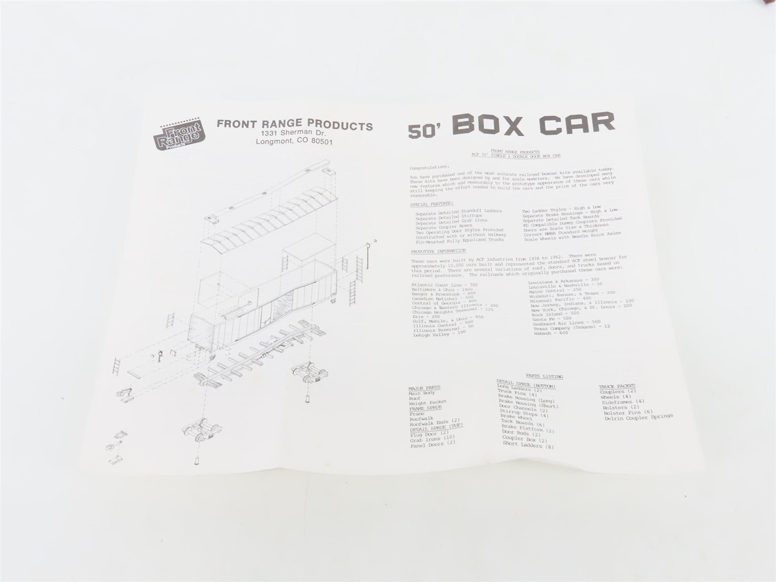 HO Scale Front Range Kit 5020 Undecorated 50' Single Door Box Car