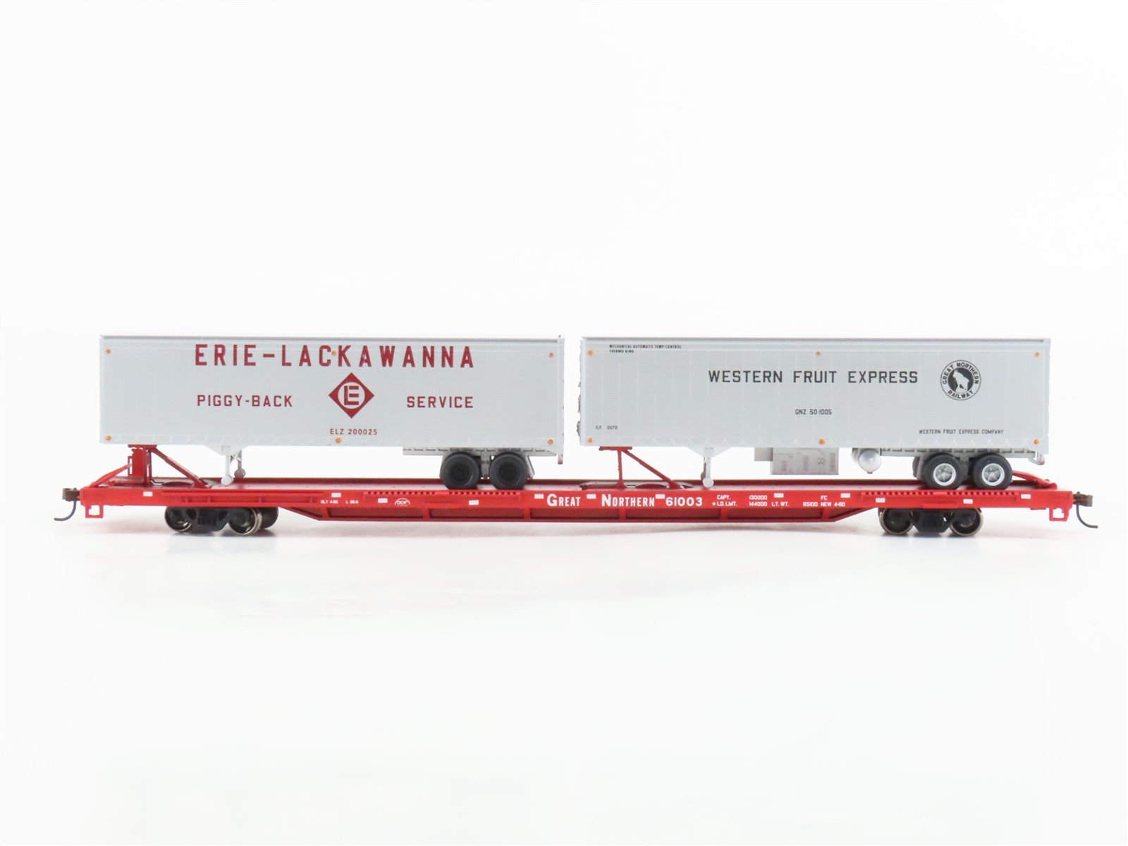 HO Scale Athearn 92619 GN Great Northern 85' TOFC Flat Car #61003 w/ 2 Trailers