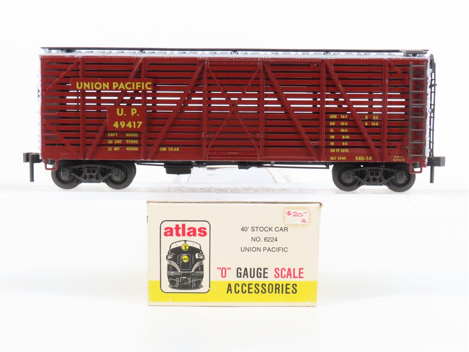 O Gauge 3-Rail Atlas 6224 UP Union Pacific Railroad 40' Stock Car #49417
