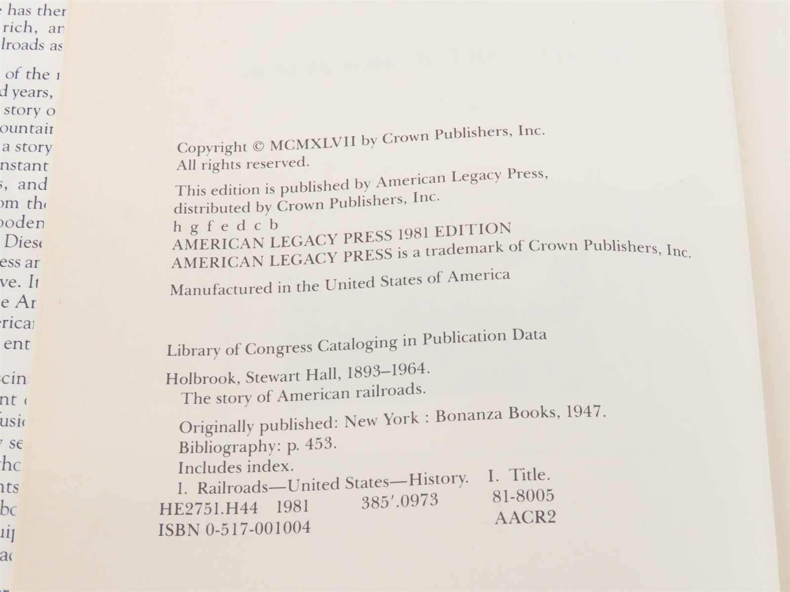 The Story of American Railroads by Stewart H. Holbrook Â©1947 Hardcover Book