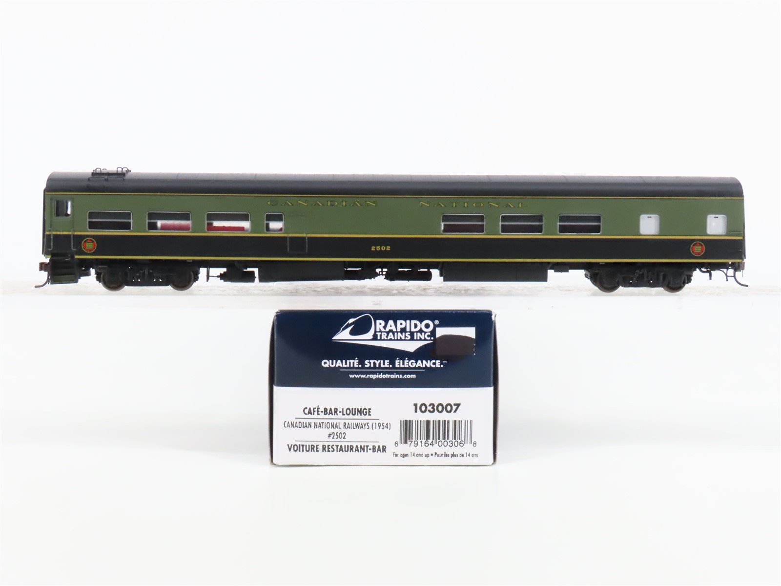 HO Scale Rapido 103007 CN Canadian National Cafe-Bar-Lounge Passenger Car #2502