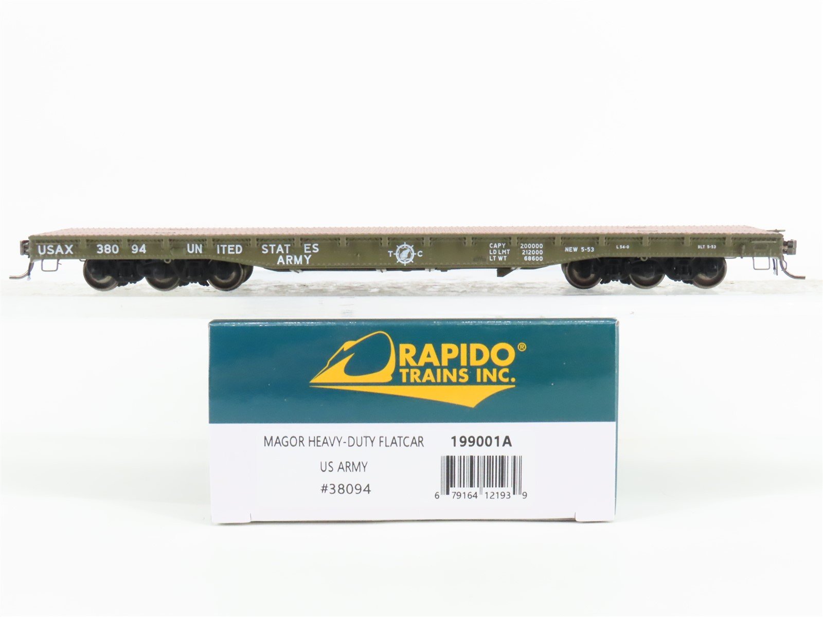 HO Scale Rapido 199001A US Army Magor Heavy-Duty Flatcar #38094