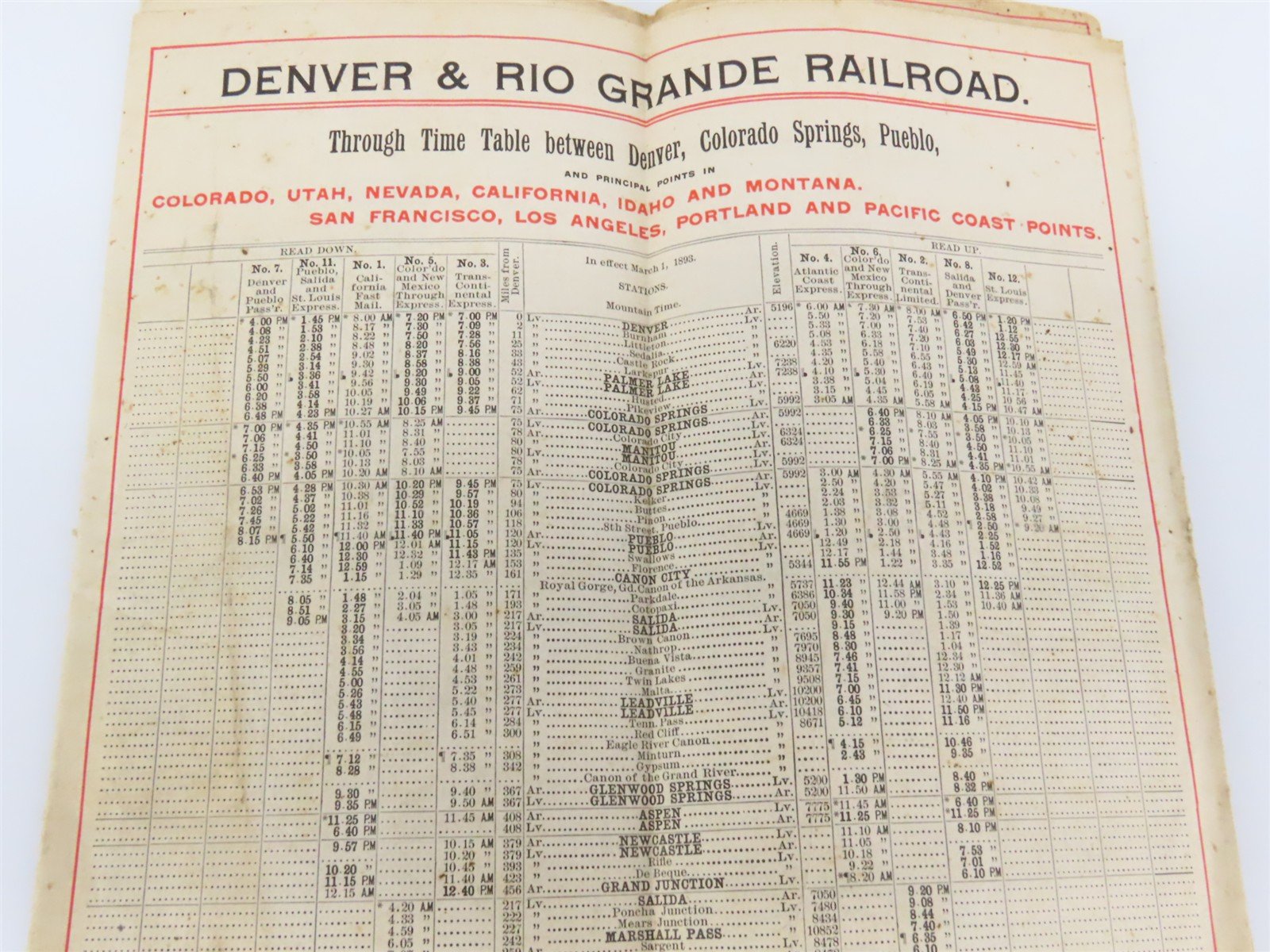1893 DRGW Denver Rio Grande & Western Timetable