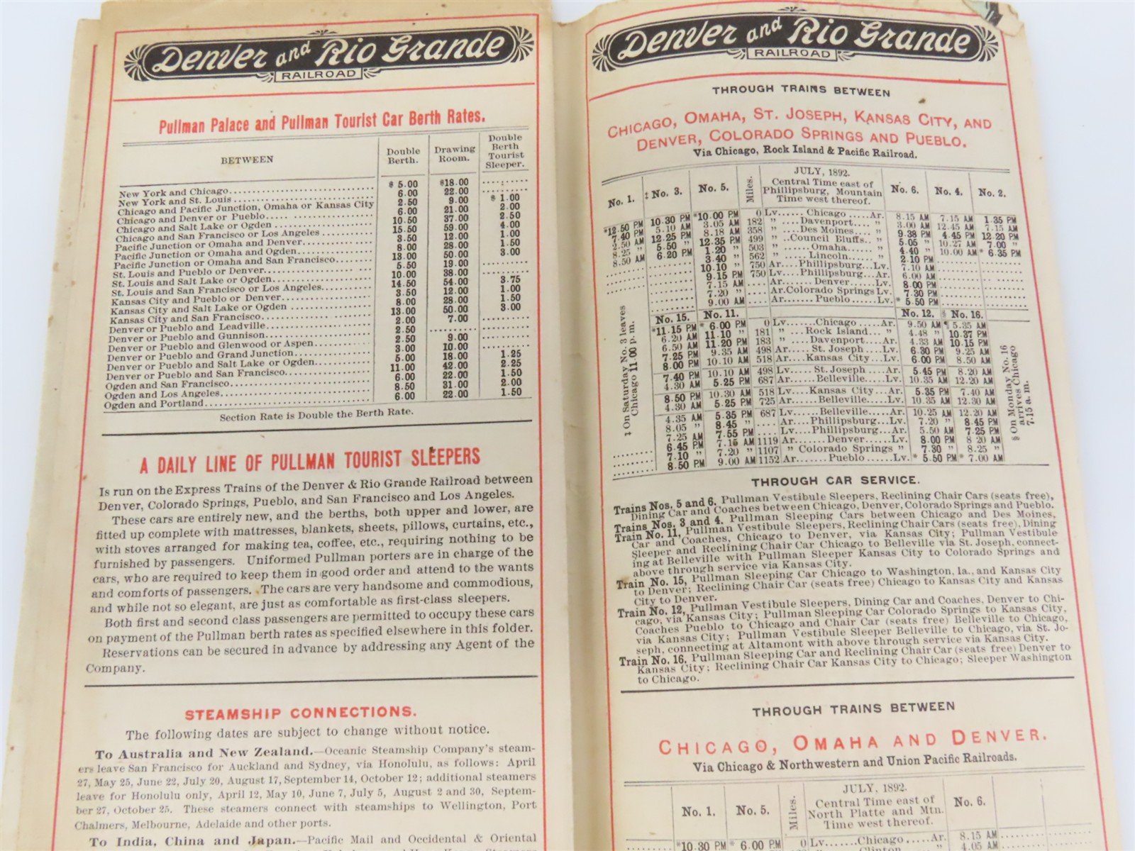 1893 DRGW Denver Rio Grande & Western Timetable