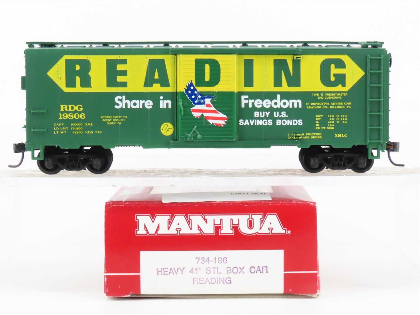 HO Scale Mantua 734-186 RDG Reading 41' Single Door Box Car #19806