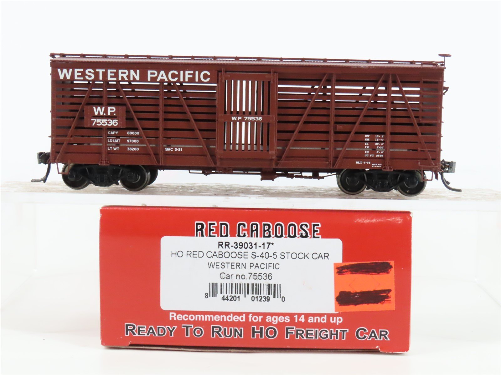 HO Scale Red Caboose RR-39031-17* WP Western Pacific Railroad Stock Car #75536