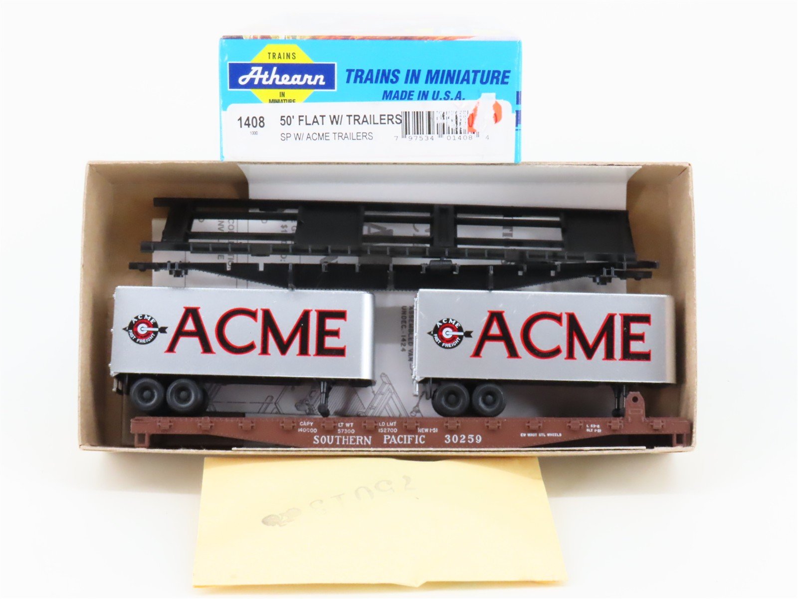 HO Scale Athearn Kit 1408 SP Southern Pacific 50' Flat Car #30259 w/ Trailers