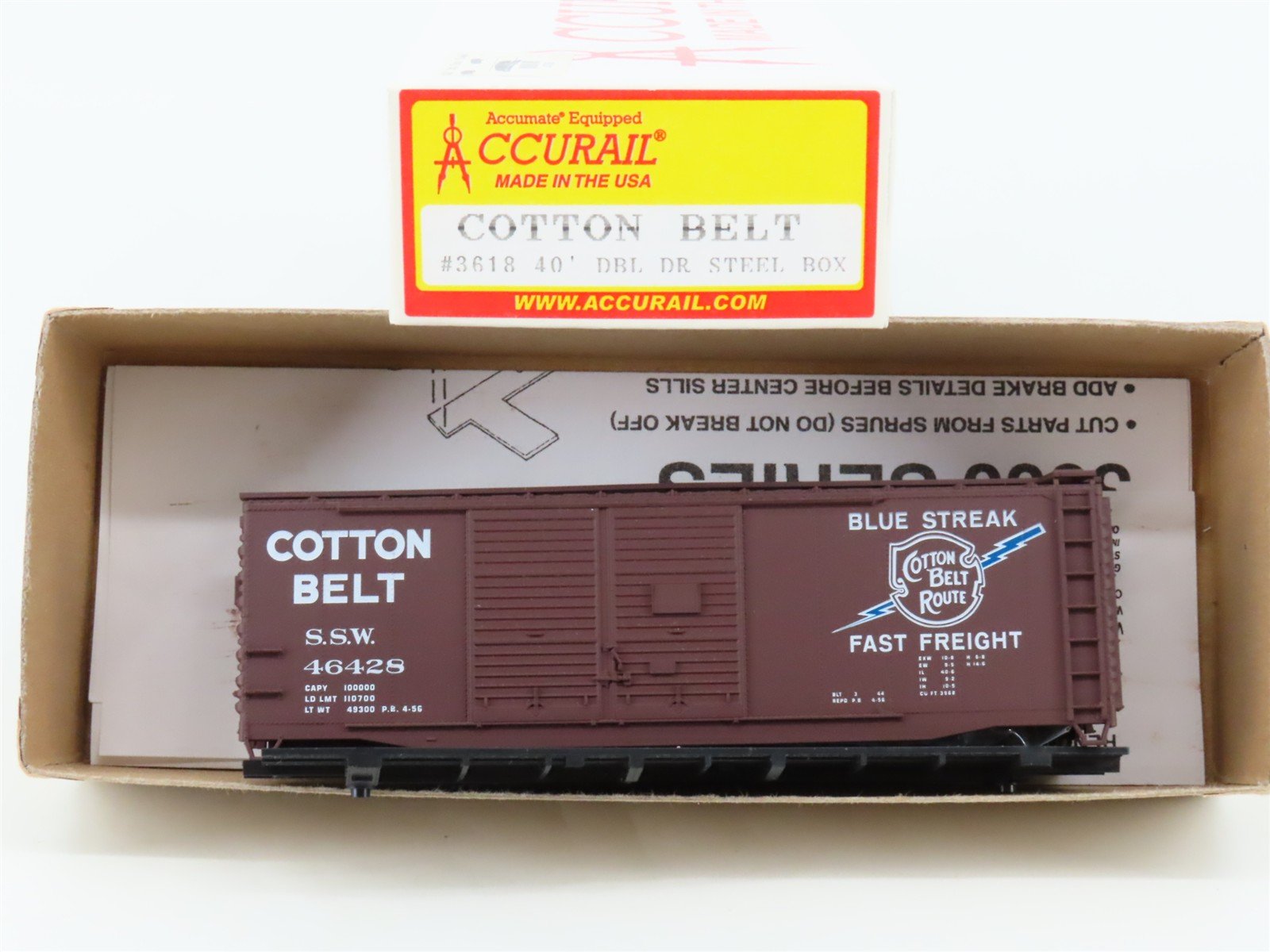 HO Scale Accurail Kit 3618 SSW Cotton Belt Route 40' Double Door Box Car #46428