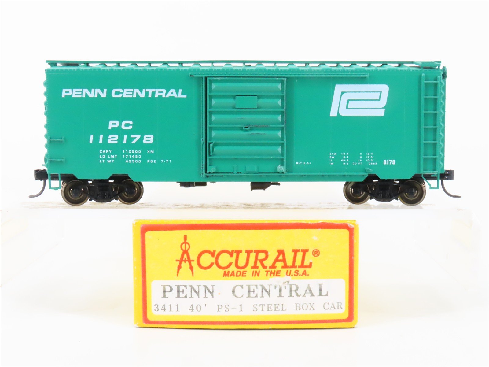HO Scale Accurail 3411 PC Penn Central 40' Steel Box Car #112178 - Upgraded