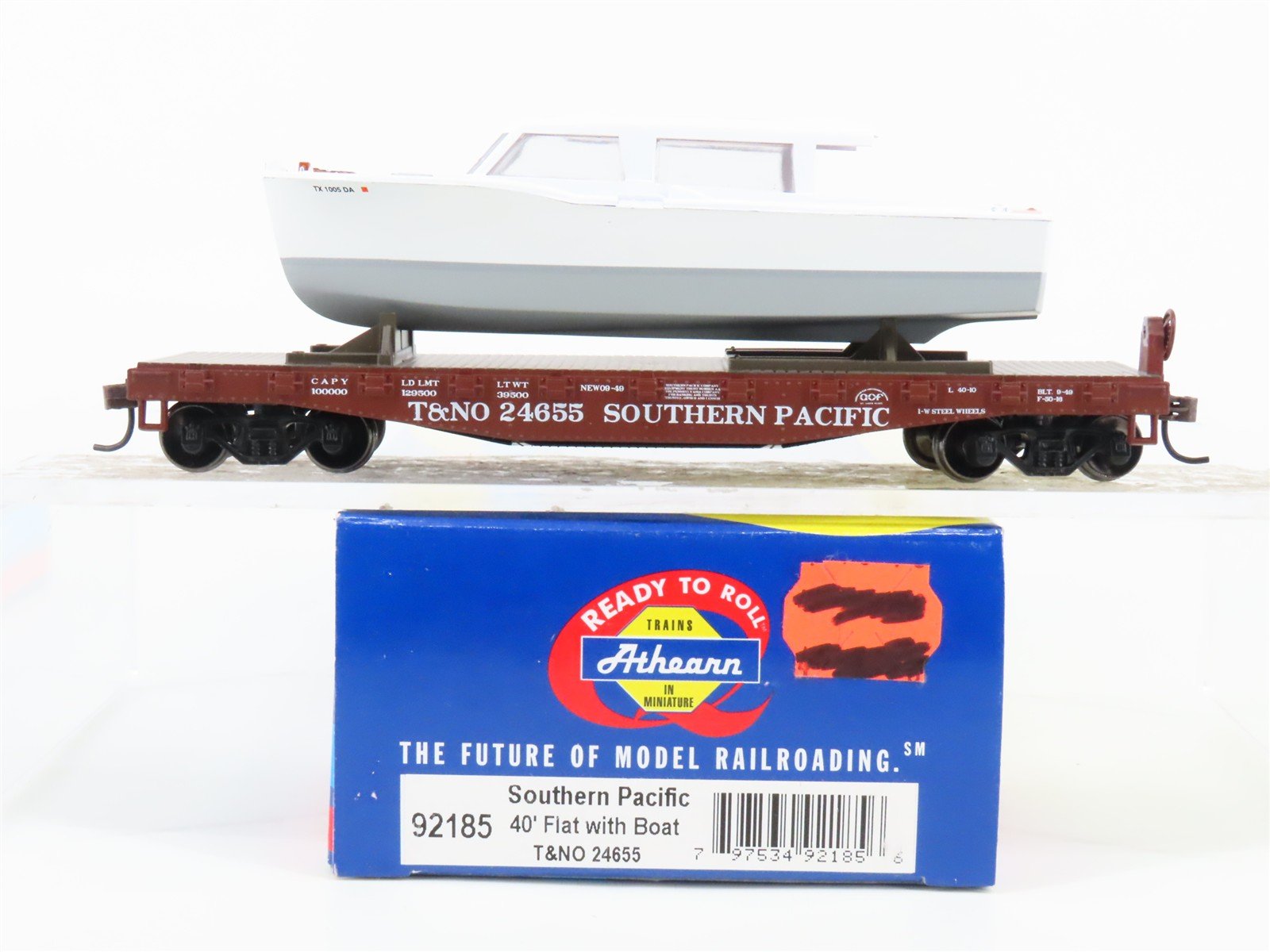 HO Scale Athearn 92185 T&NO SP Southern Pacific 40' Flat Car #24655 w/ Boat