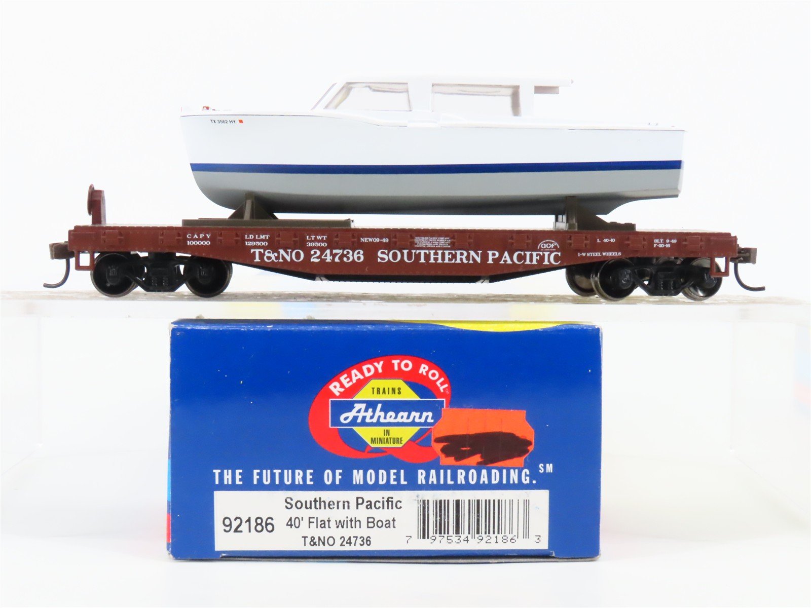 HO Scale Athearn 92186 T&NO SP Southern Pacific 40' Flat Car #24736 w/ Boat